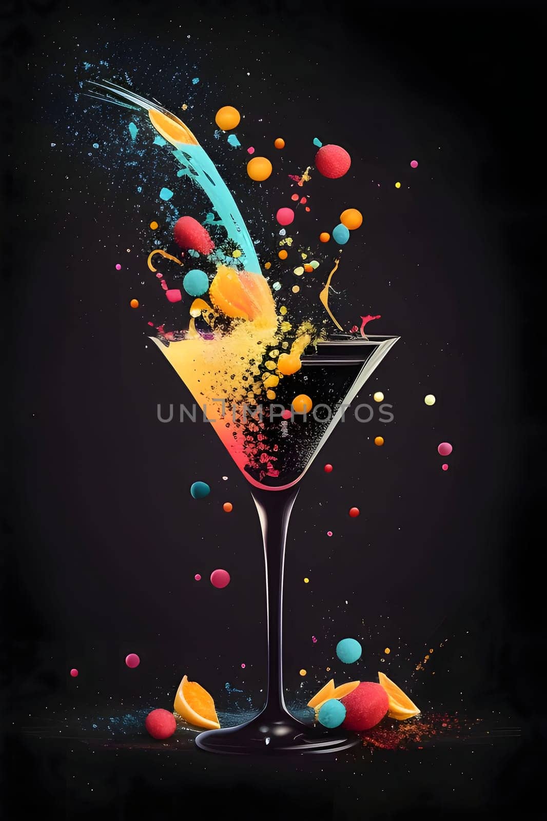 Illustration of a glass with champagne and confetti on a dark background. New Year's party and celebrations. A time of celebration and resolutions.