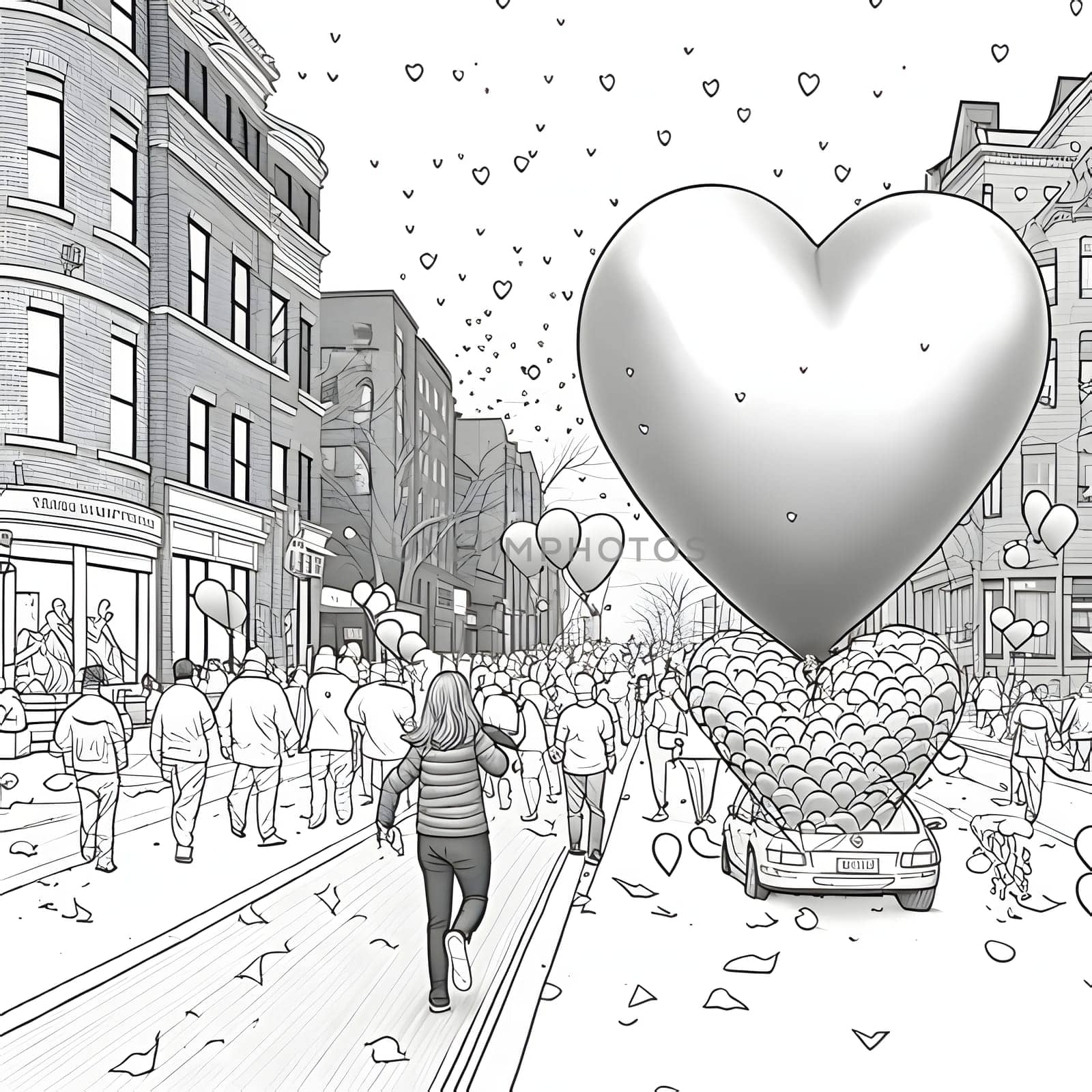 A giant heart, a crowd. People and confetti black and white coloring sheet. New Year's party and celebrations. by ThemesS