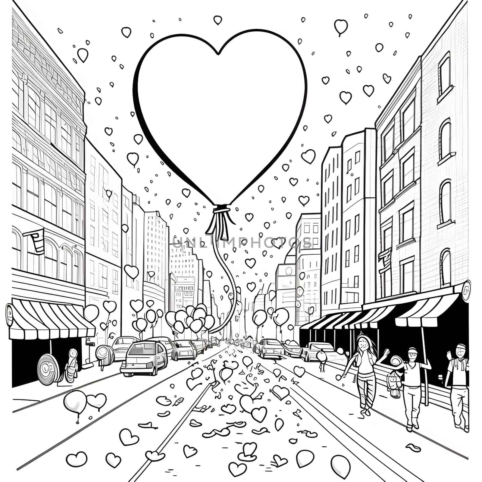 Urban streets, giant hearts, confetti. Black and white coloring sheet. New Year's party and celebrations. A time of celebration and resolutions.