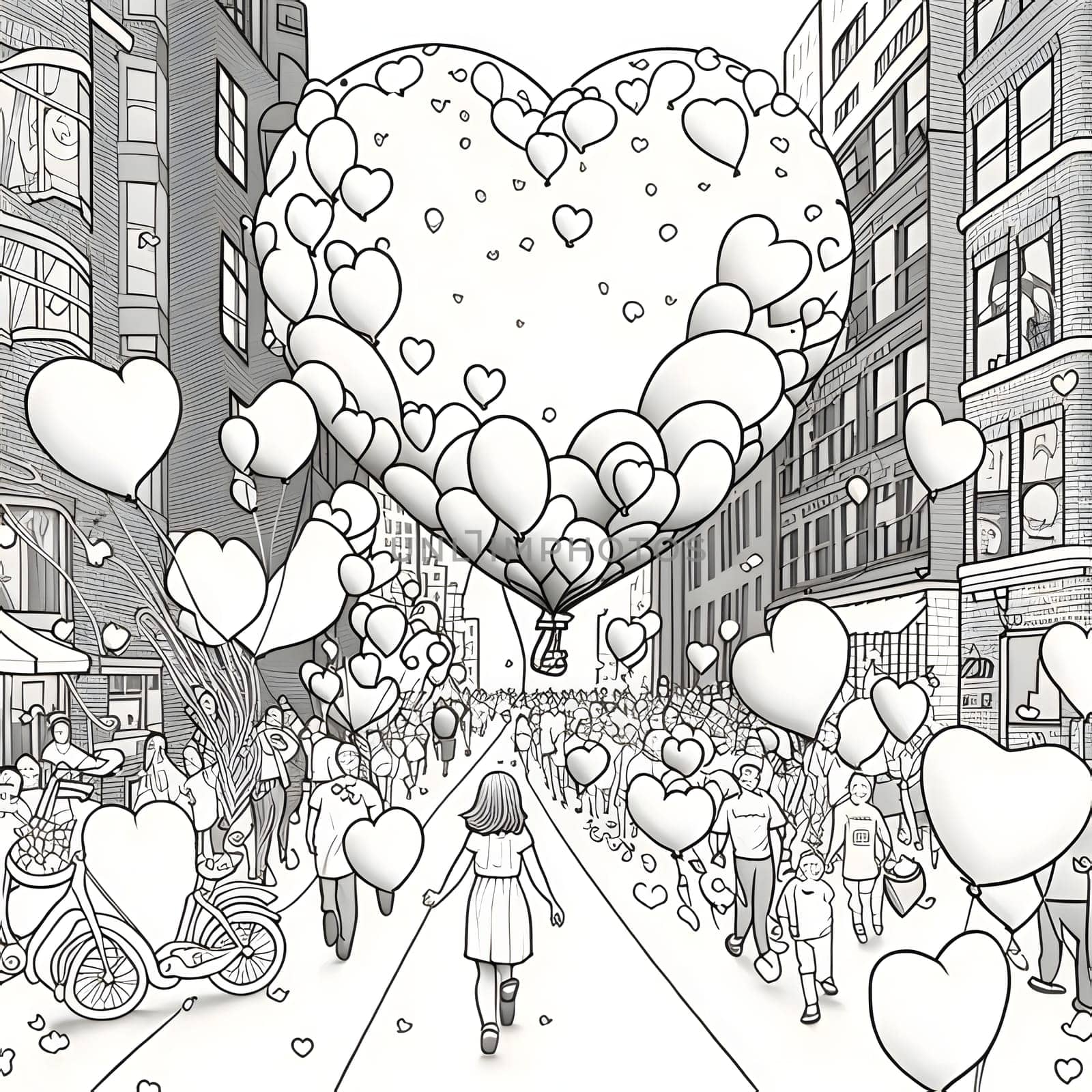 A giant heart, a crowd. People and confetti black and white coloring sheet. New Year's party and celebrations. by ThemesS