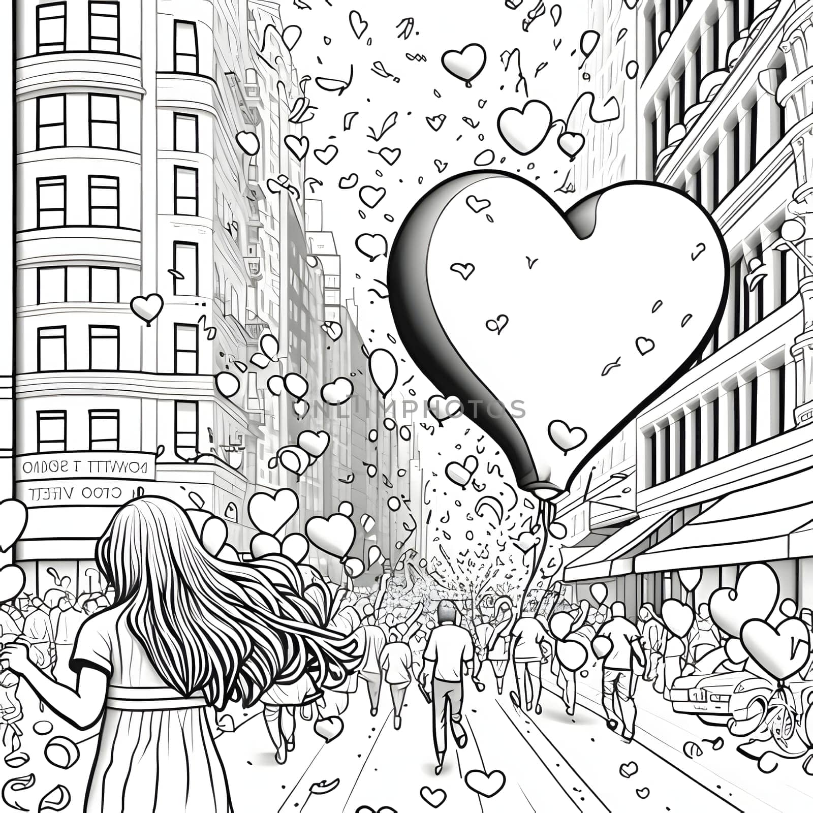 A giant heart, a crowd. People and confetti black and white coloring sheet. New Year's party and celebrations. A time of celebration and resolutions.