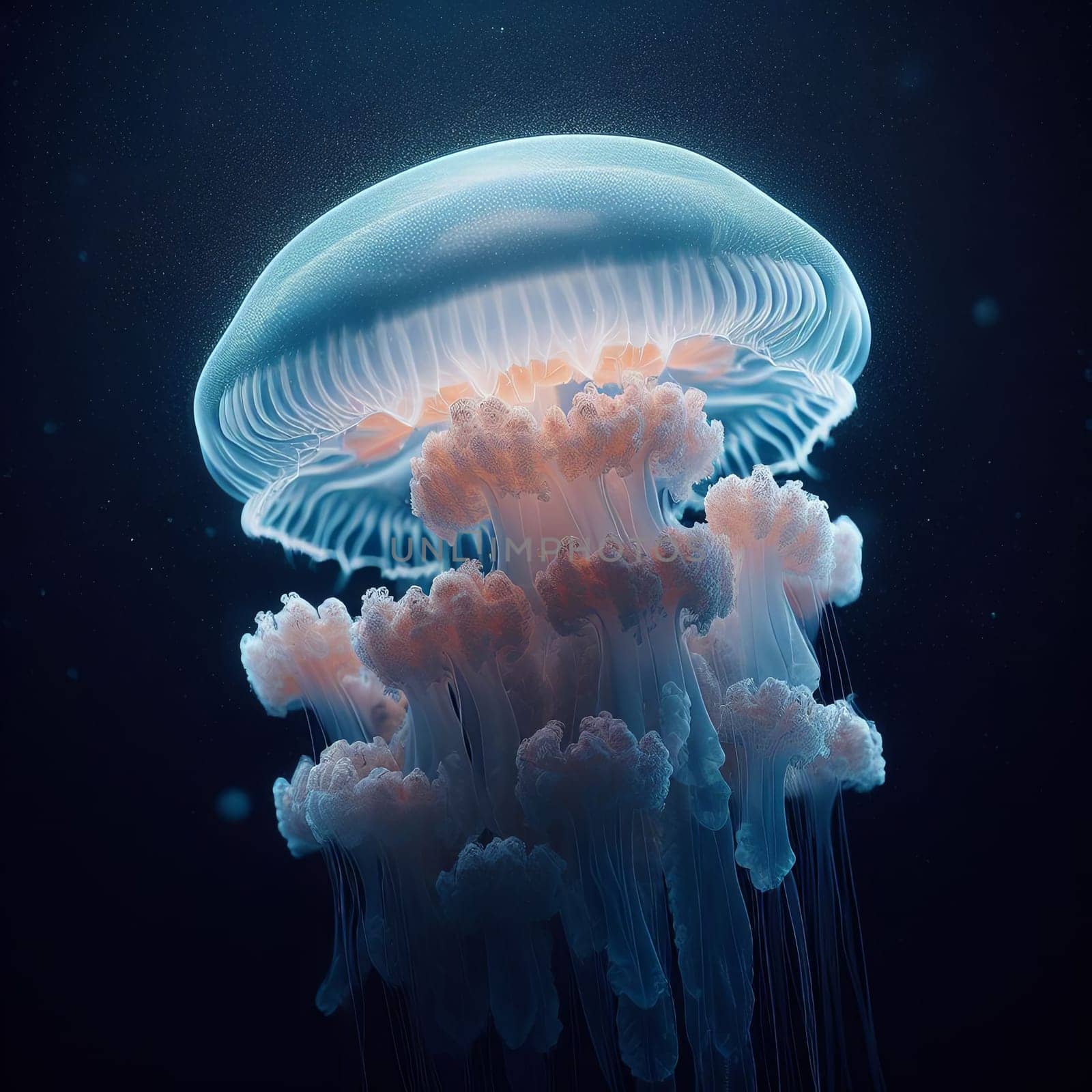 Luminescent jellyfish floats gracefully underwater, its tentacles and bell glowing against the dark ocean backdrop
