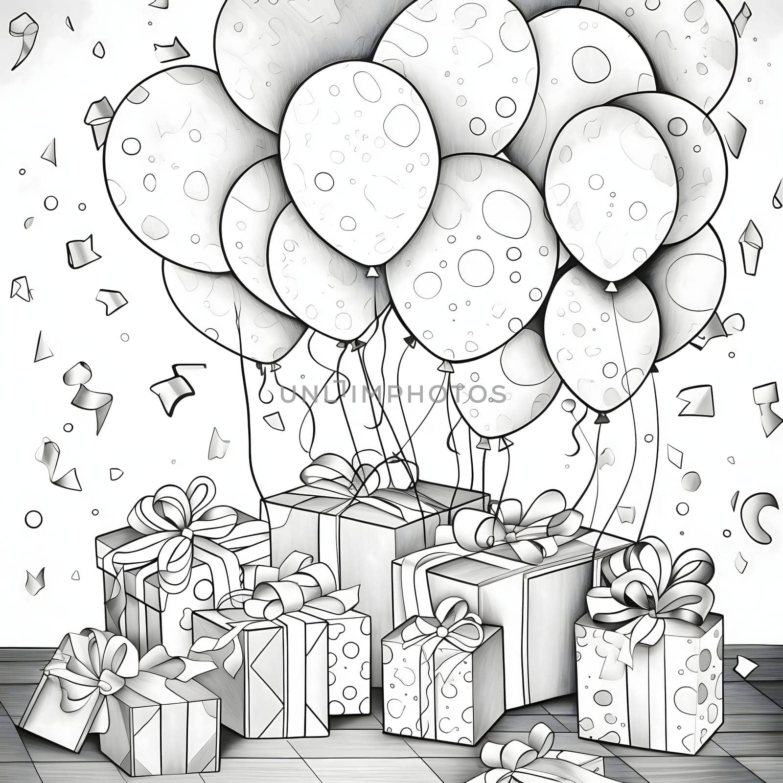Balloons, gifts and confetti. Black and White coloring page. New Year's fun and festivities. A time of celebration and resolutions.