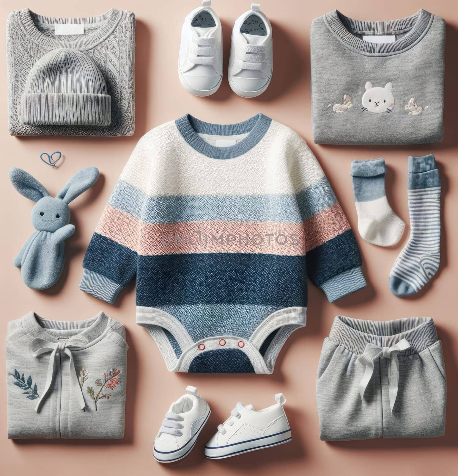 Collection of baby clothes and accessories neatly arranged, showcasing a variety of textures and soft colors
