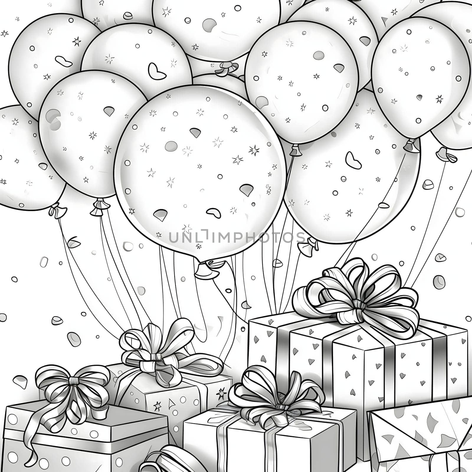 Balloons, gifts and confetti. Black and White coloring page. New Year's fun and festivities. by ThemesS