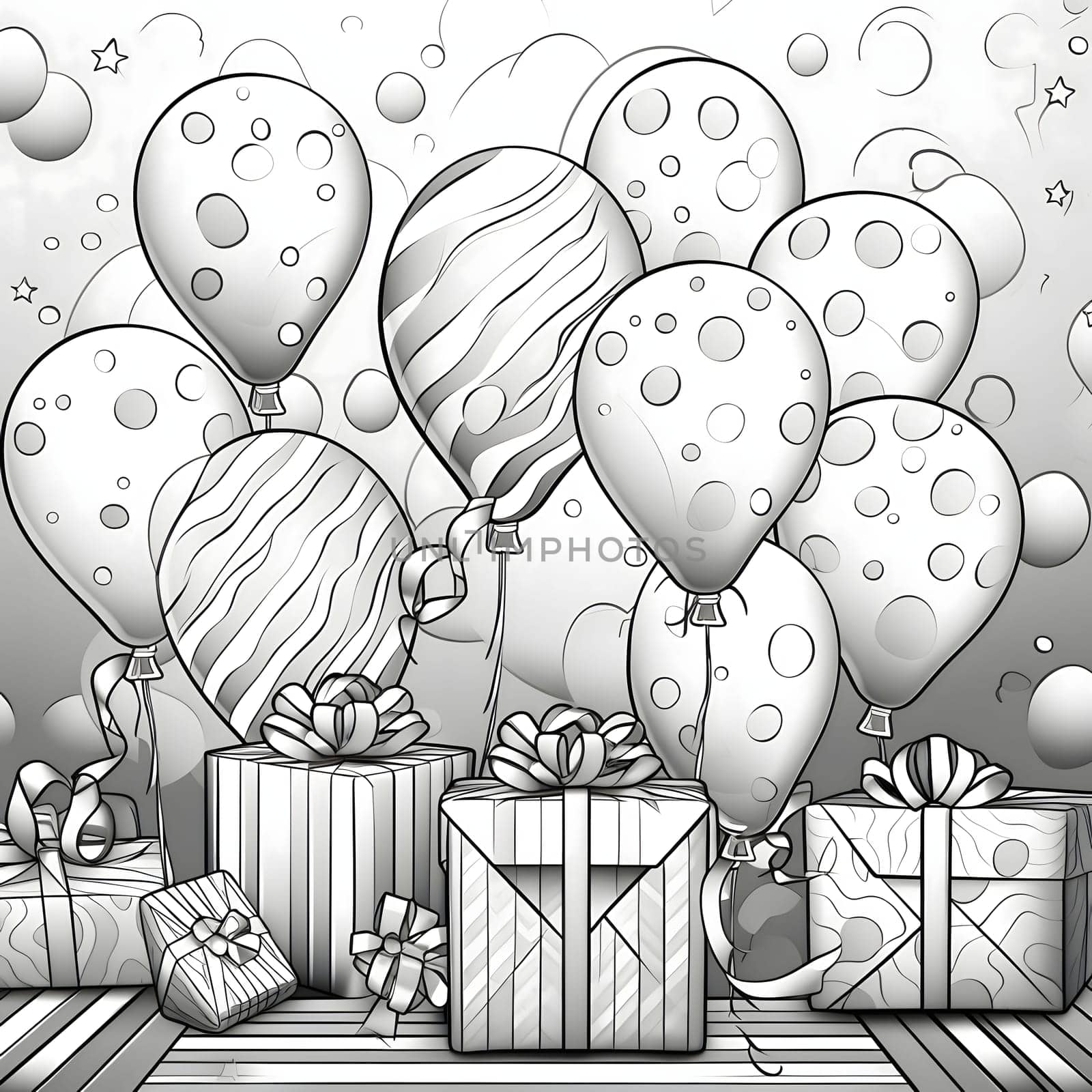 Balloons, gifts and confetti. Black and White coloring page. New Year's fun and festivities. A time of celebration and resolutions.