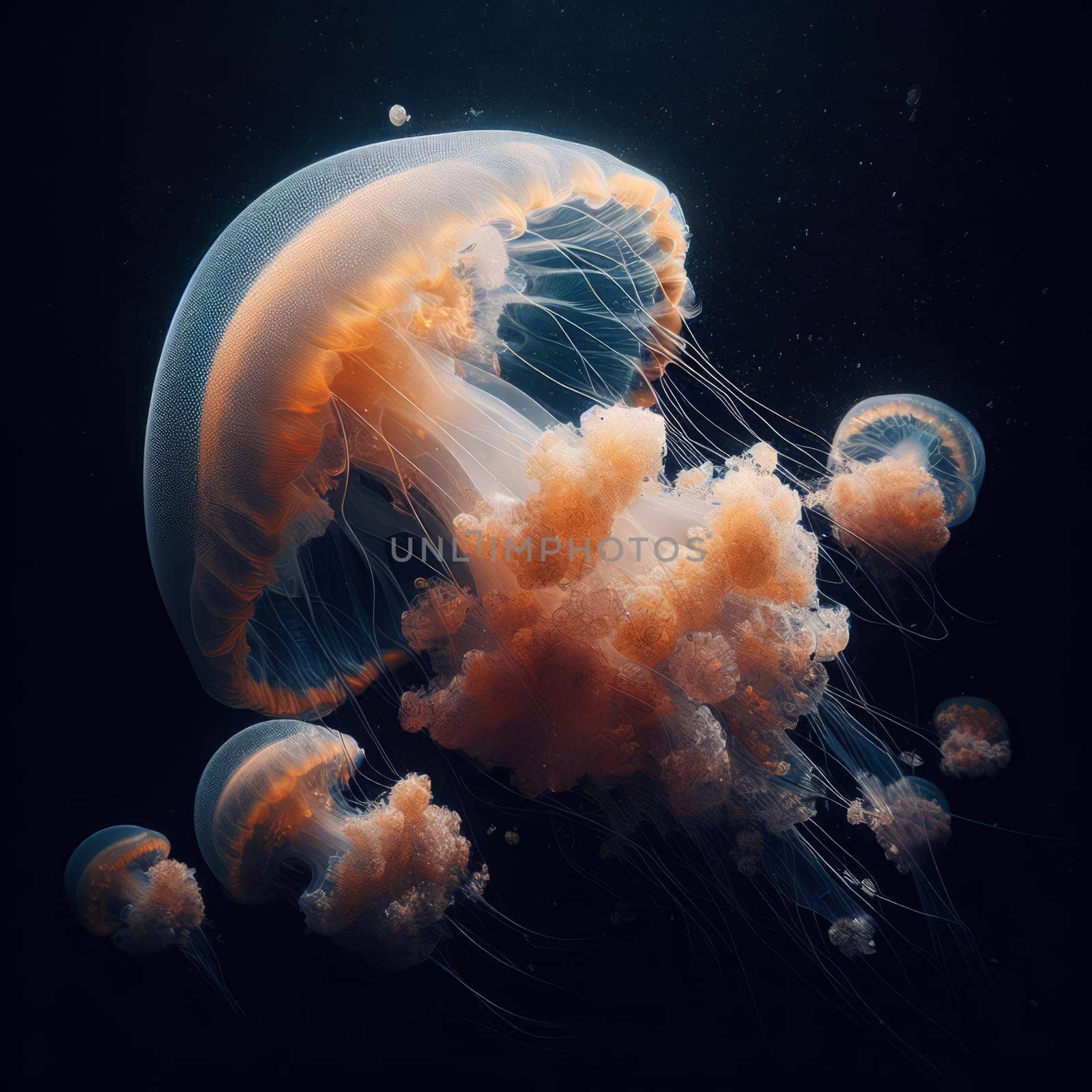 A captivating image of a group of orange and white jellyfish, gracefully floating in the deep blue ocean. by sfinks