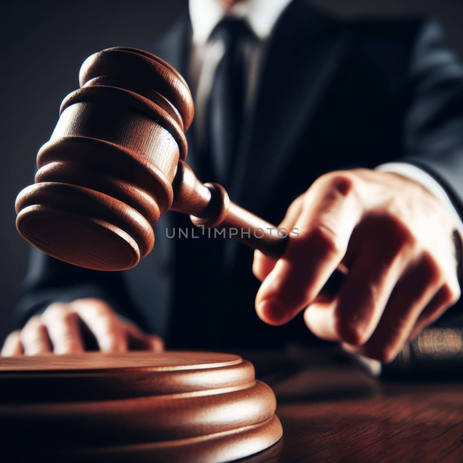 Close-up of a judge's hand holding a wooden gavel, about to strike it on the sound block