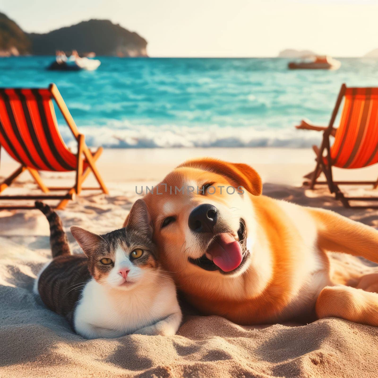 A heartwarming image of a dog and a cat enjoying a peaceful moment together on a beach, with deck chairs and a stunning ocean view in the background. by sfinks