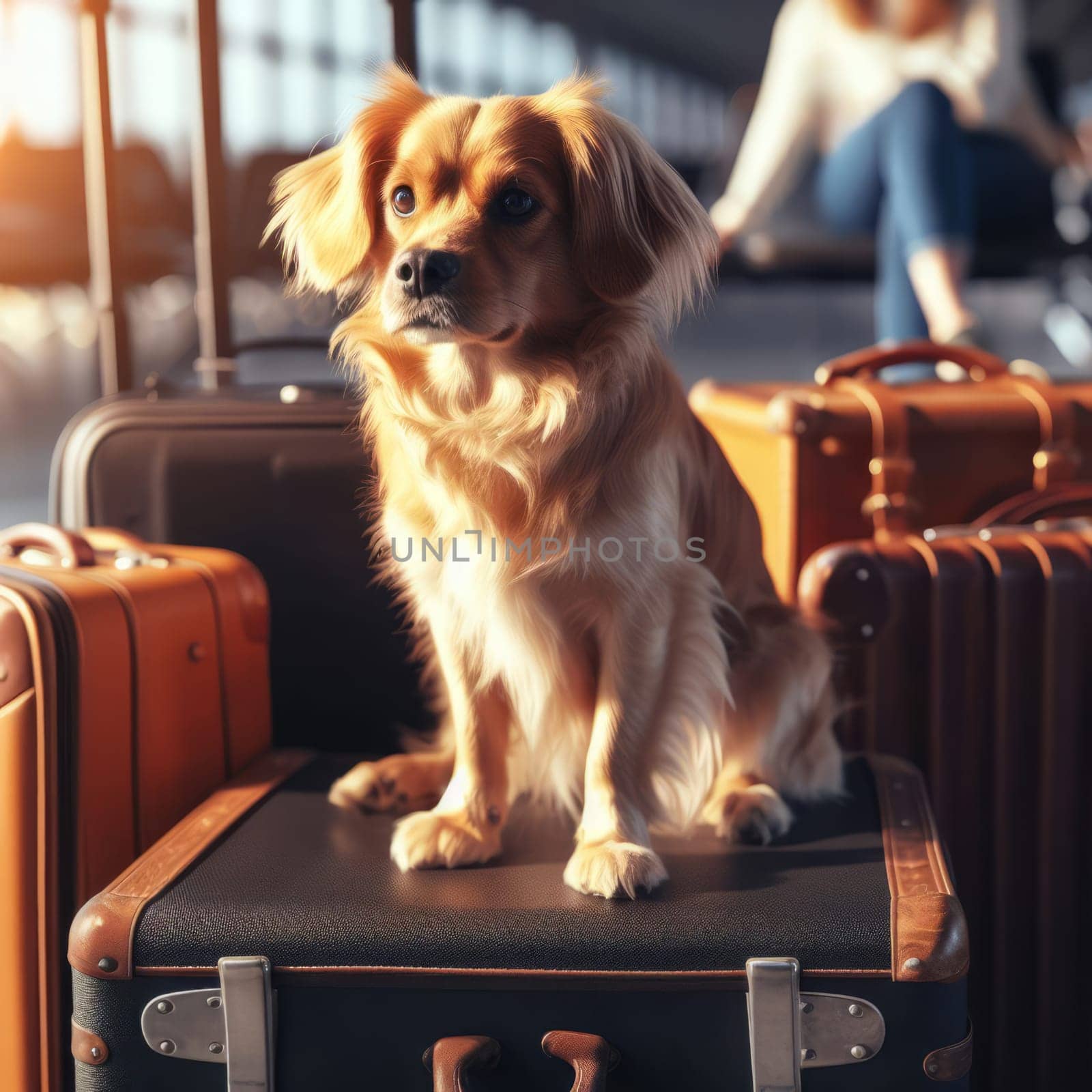 Adorable dog sits on a suitcase at an airport, evoking the joys and challenges of pet travel