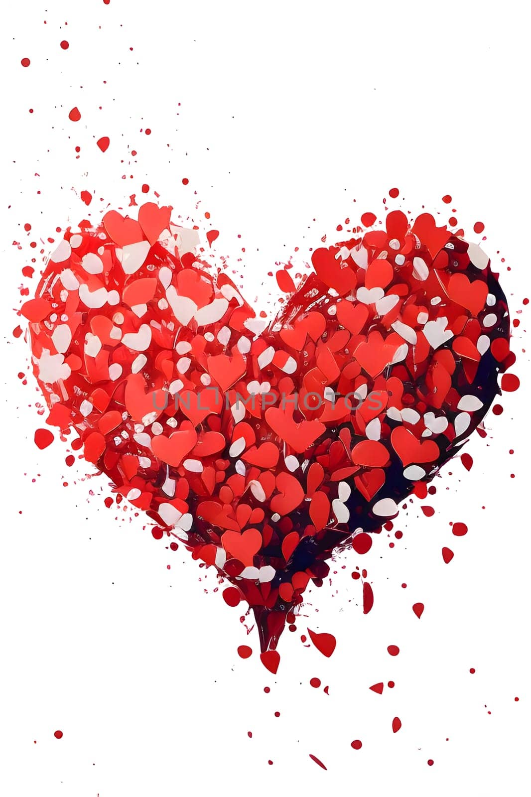 Red heart arranged with confetti on a white isolated background. New Year's fun and festivities. A time of celebration and resolutions.