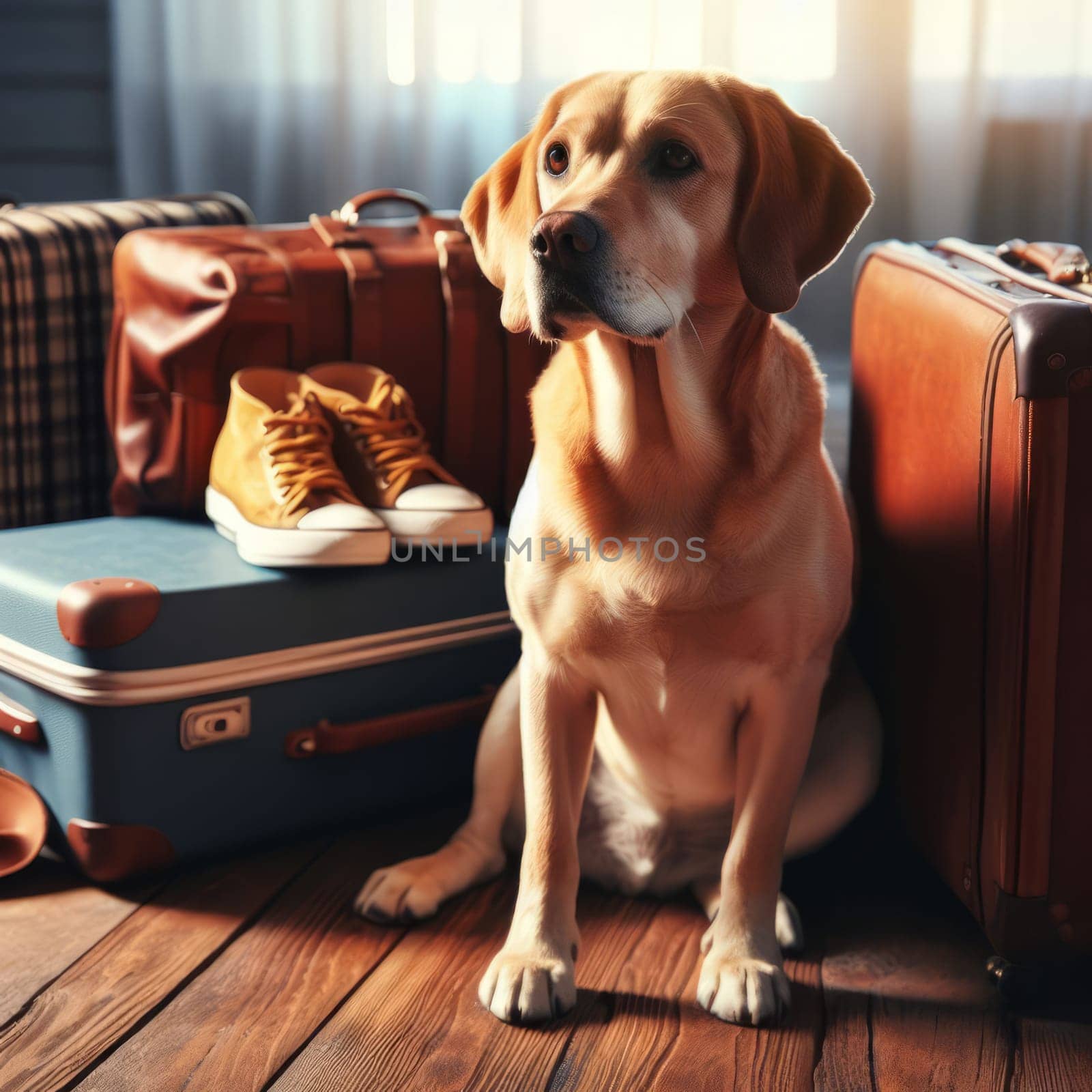 A charming image of a dog sitting patiently in front of a pile of luggage and shoes, perhaps waiting for a travel adventure. by sfinks