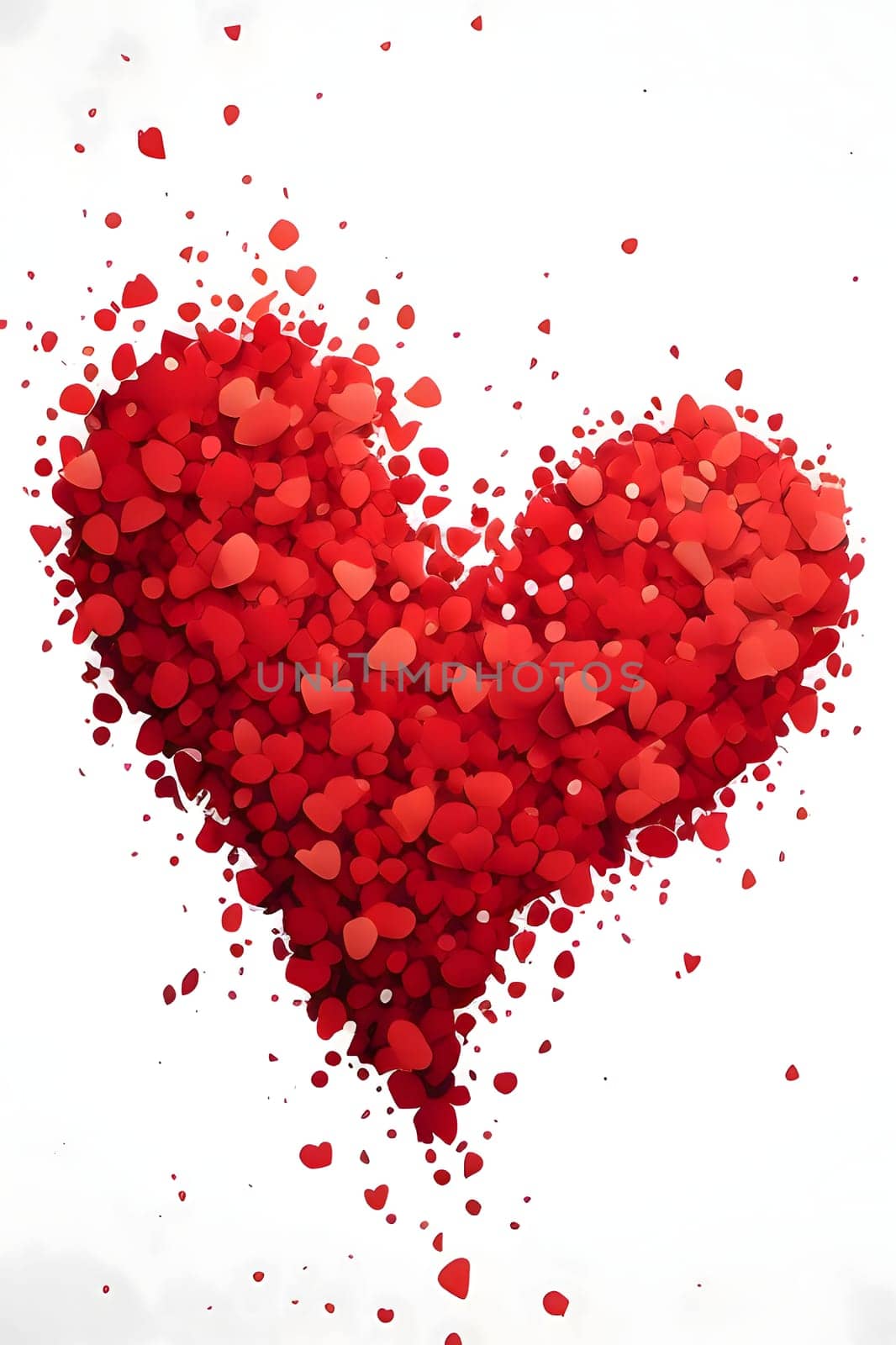 Red heart arranged with confetti on a white isolated background. New Year's fun and festivities. A time of celebration and resolutions.