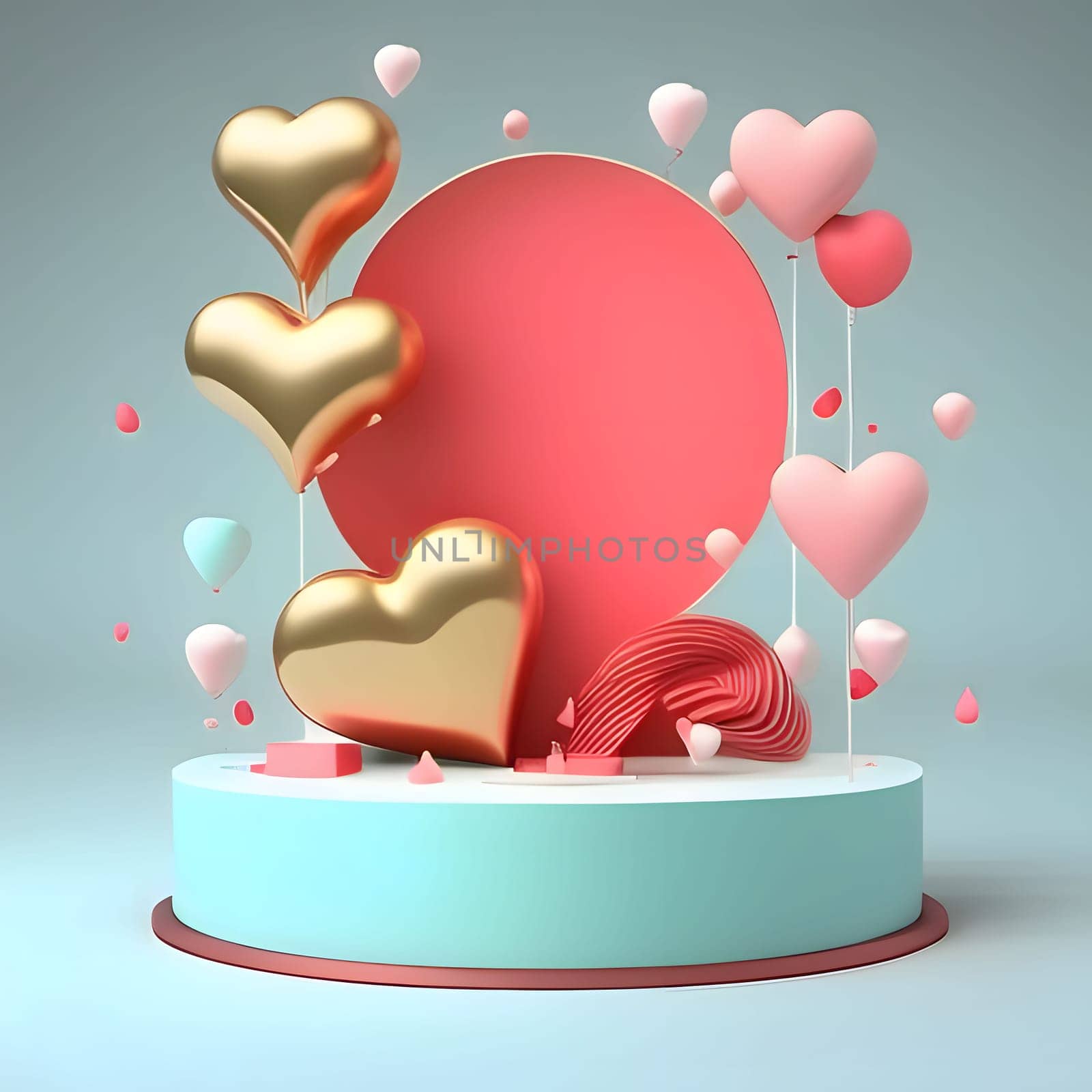 Colorful 3D hearts on a pink background in the middle, space in a circle for your own content. New Year's fun and festivities. A time of celebration and resolutions.