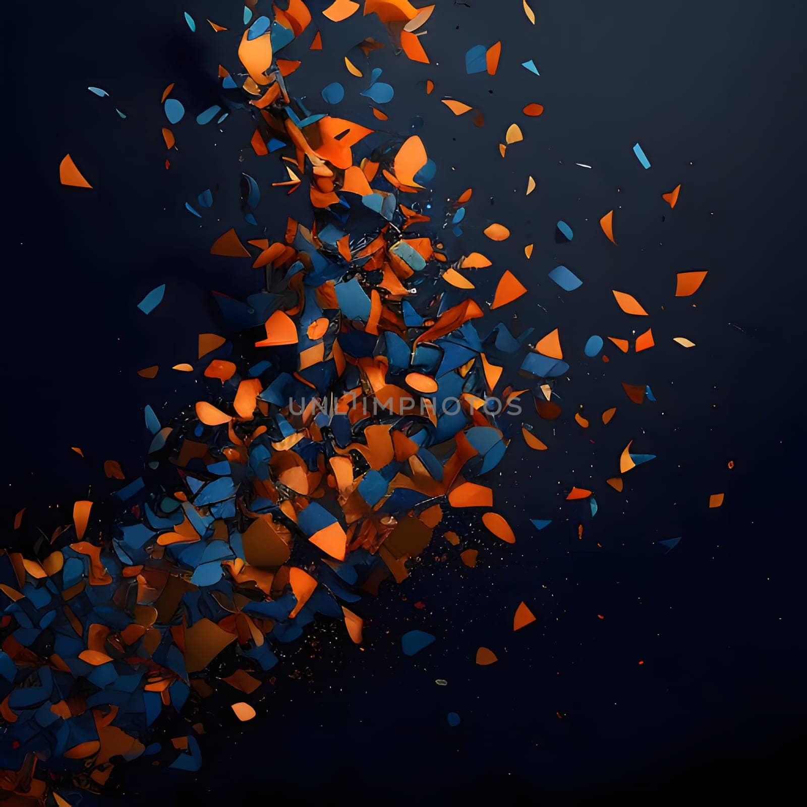 Orange and dark blue confetti on a dark background. New Year's fun and festivities. A time of celebration and resolutions.