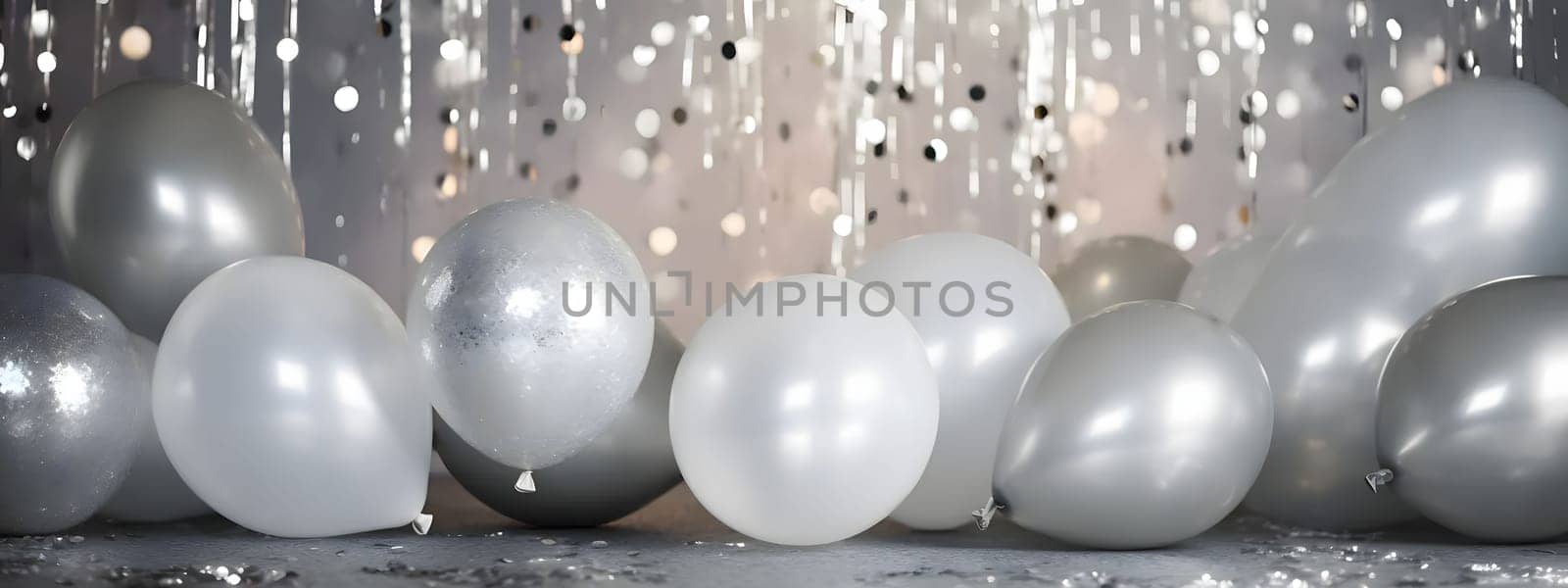 White and silver balloons with gold confetti in the background.New Year's Eve background, banner with space for your own content. Blank space for the inscription.