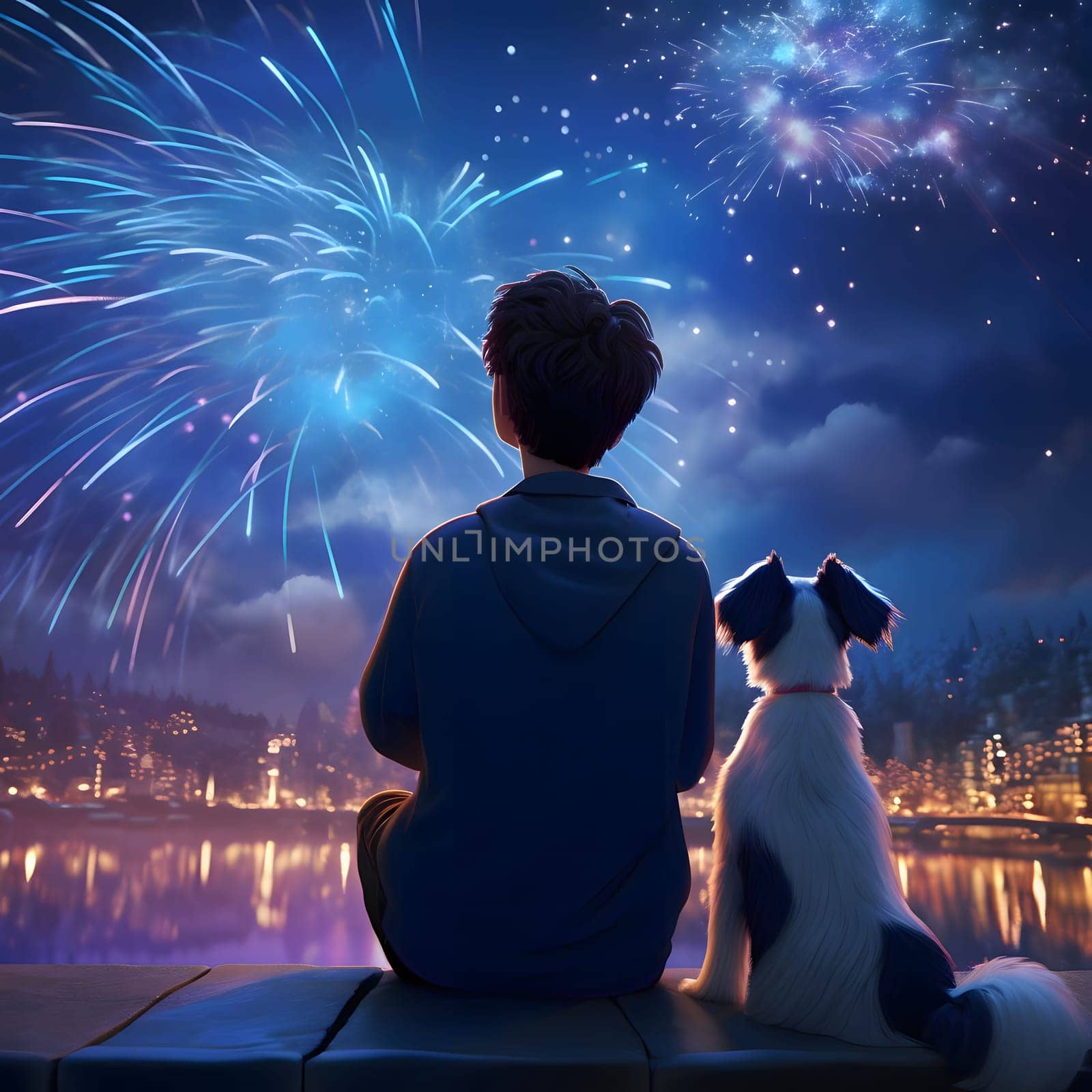 Illustration of a boy with a dog watching fireworks shooting in the night sky. New Year's fun and festivities. by ThemesS