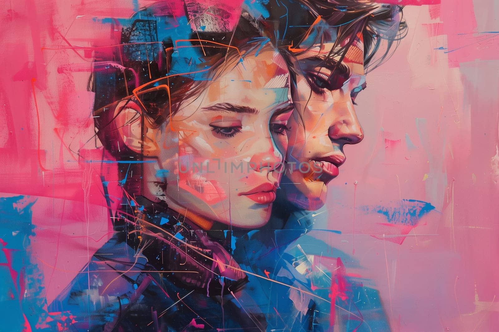Abstract creative painting of beautiful young couple, woman and man on a pink background, modern art