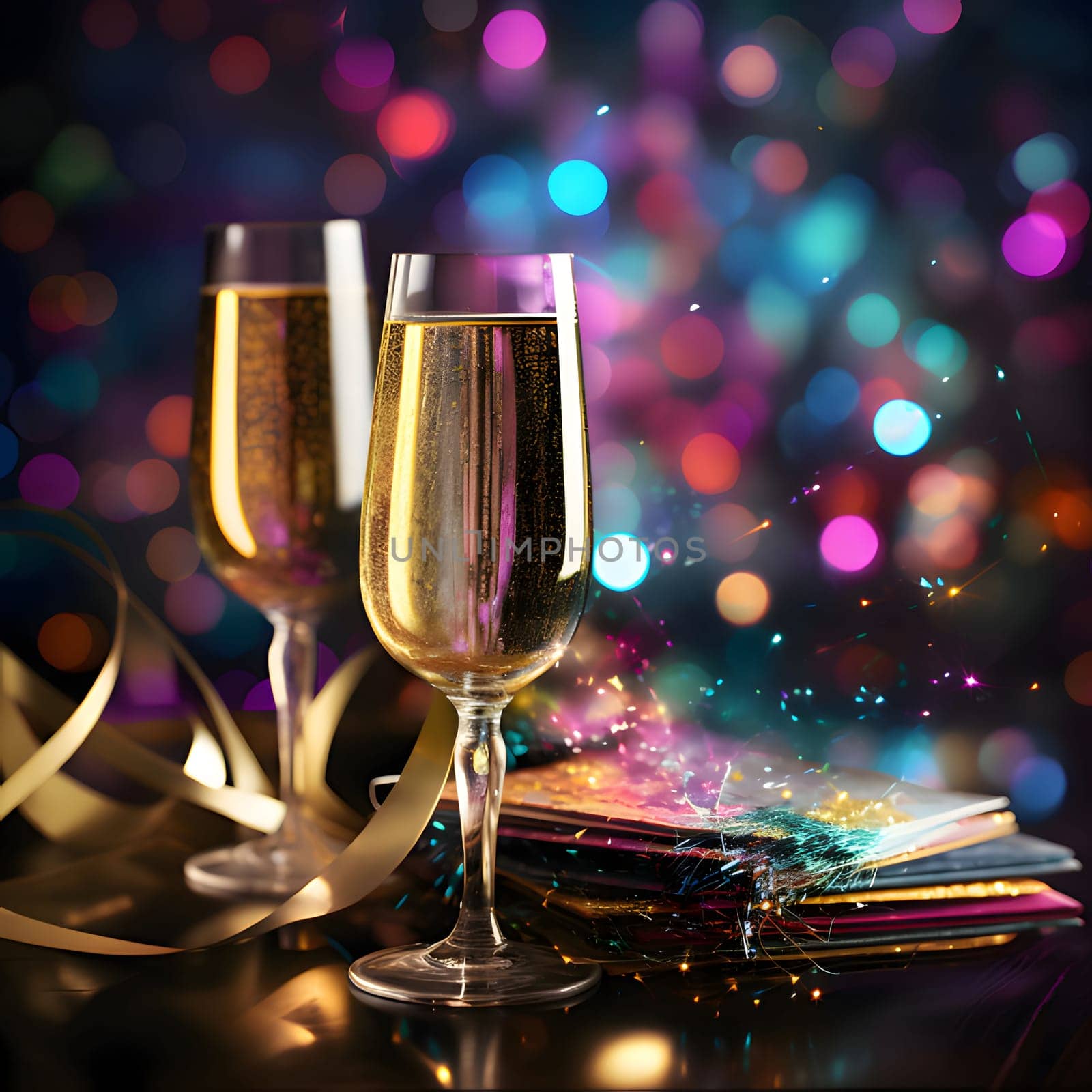 Champagne glasses with gold confetti and colorful bokeh effect in the background. New Year's fun and festivities. A time of celebration and resolutions.