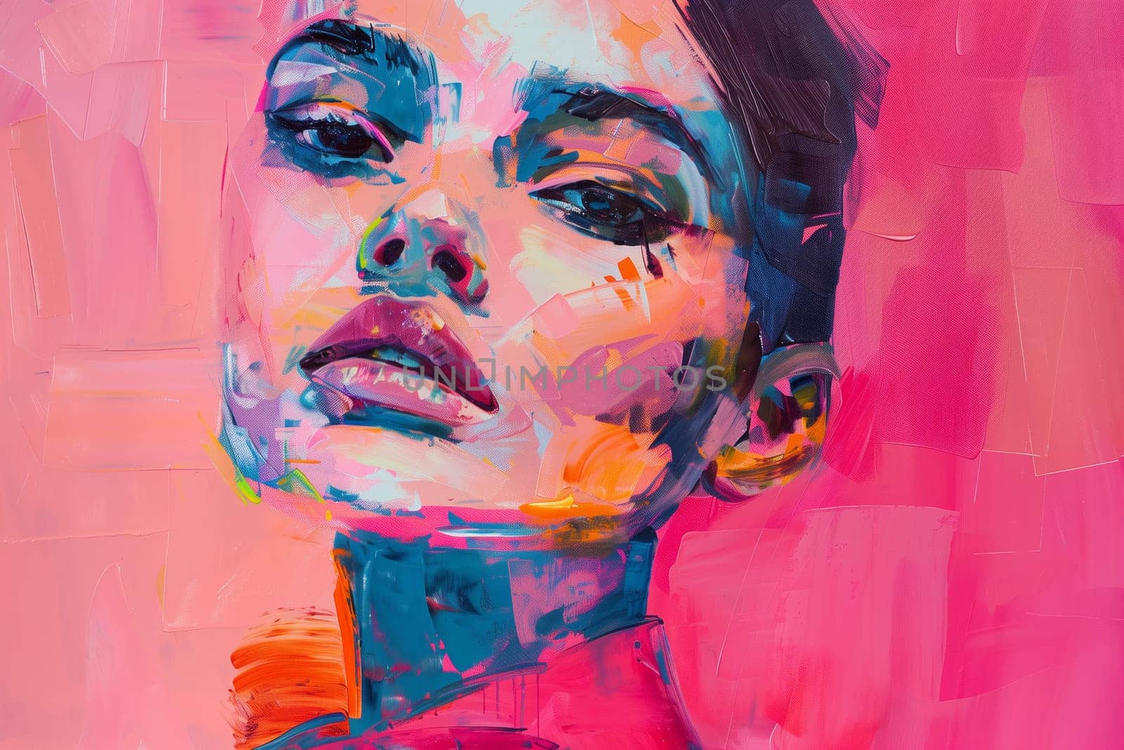 Abstract creative painting of beautiful young woman on a pink background, modern art