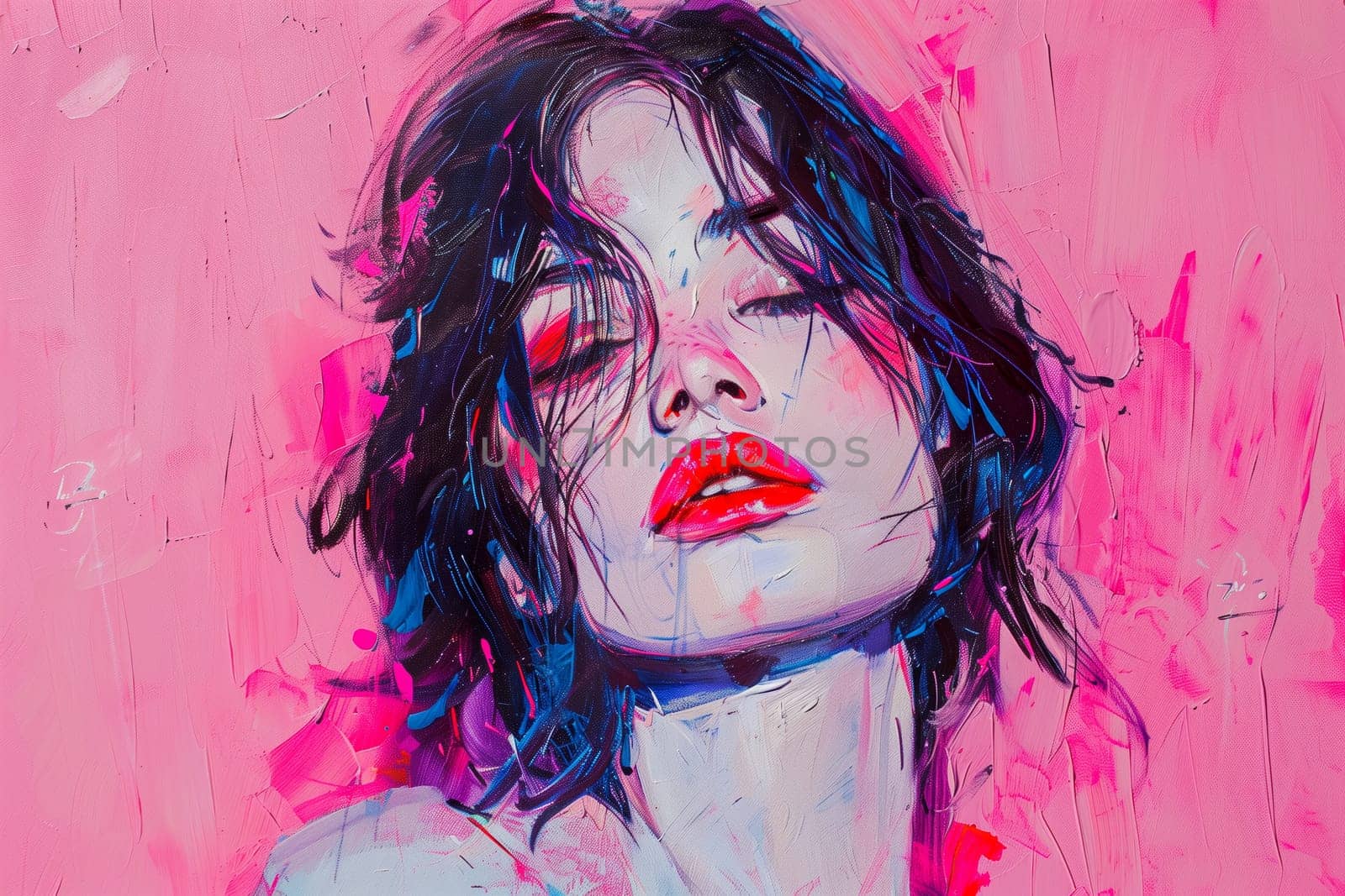 Abstract creative painting of beautiful young woman on a pink background, modern art