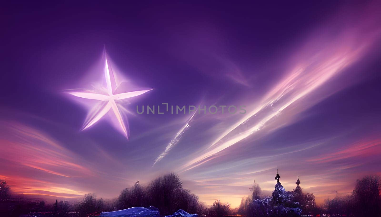 Purple sky over snow-covered landscape, star in the sky. The Christmas star as a symbol of the birth of the savior. by ThemesS