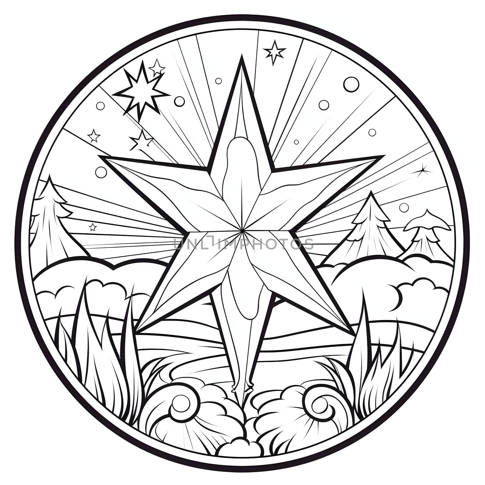 Black and White coloring page; star over a clearing in a circle. The Christmas star as a symbol of the birth of the savior. A Time of Joy and Celebration.