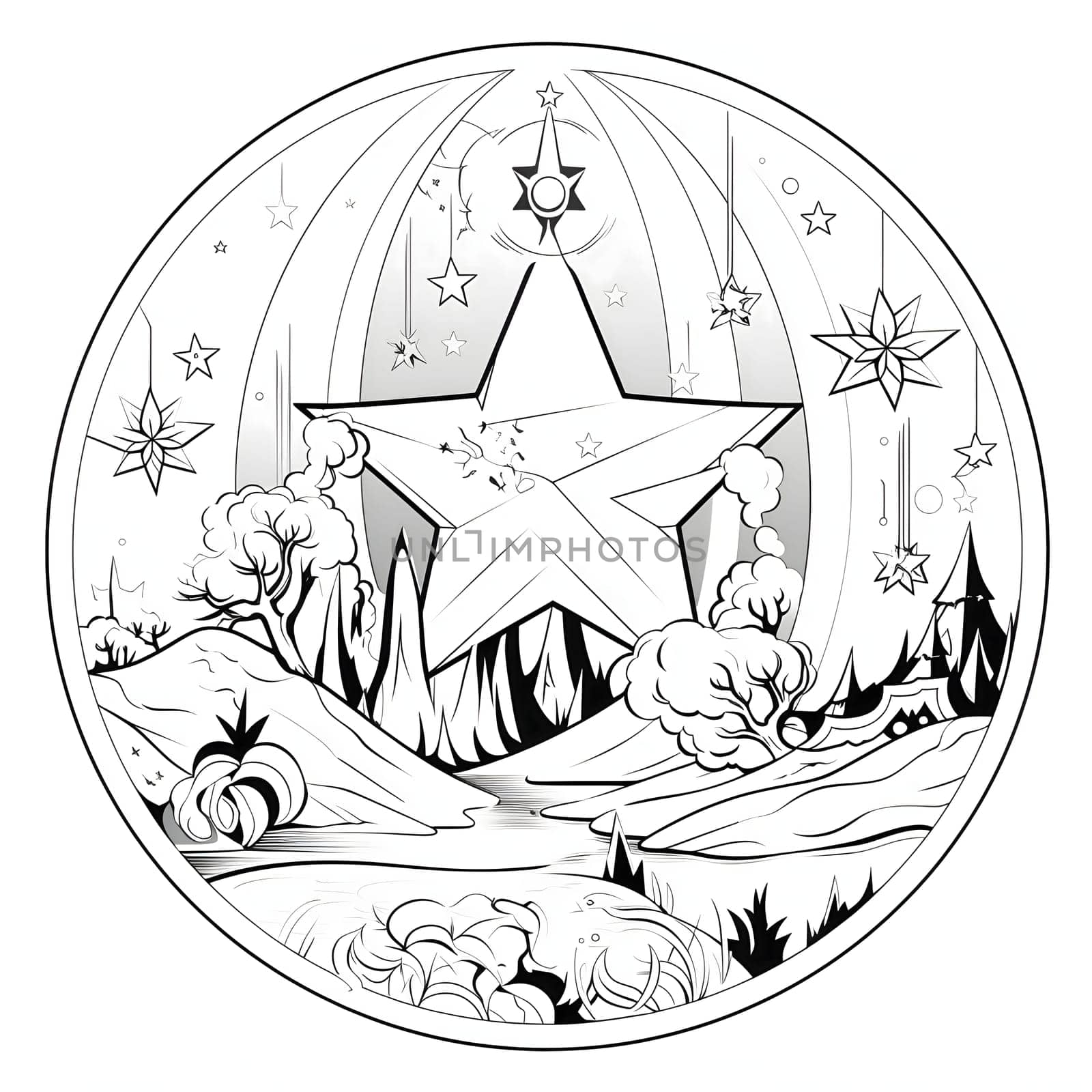 Black and White coloring page; star over a clearing in a circle. The Christmas star as a symbol of the birth of the savior. A Time of Joy and Celebration.