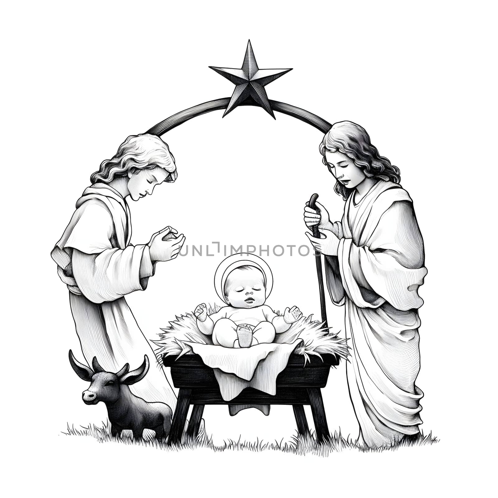 Black and White coloring sheet of a manger, a born baby and two angels. The Christmas star as a symbol of the birth of the savior. A Time of Joy and Celebration.