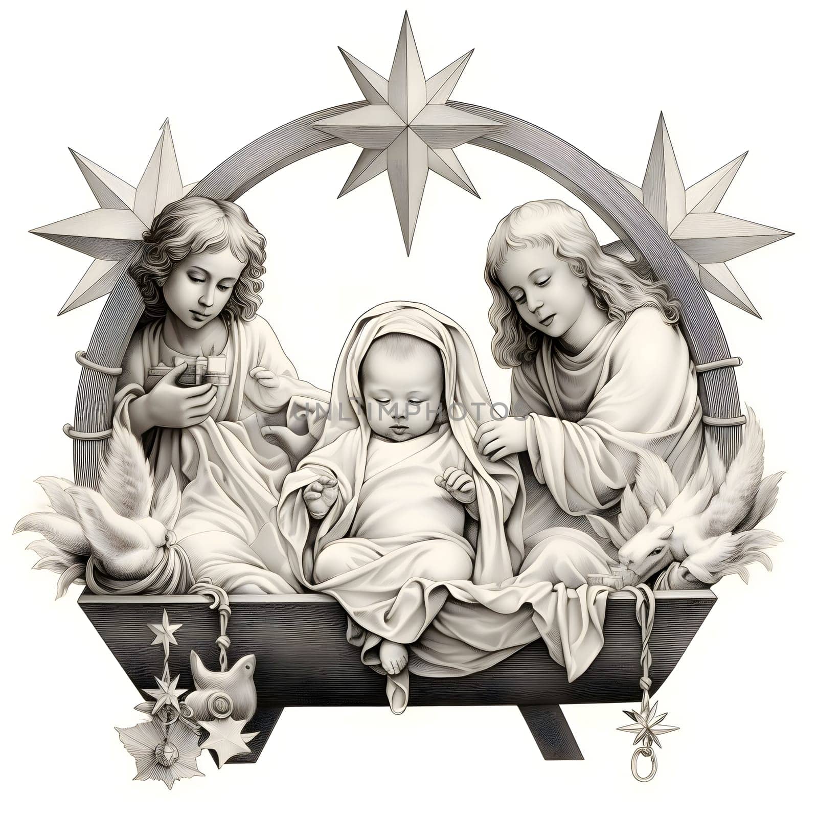 Black and White coloring sheet of a manger, a born baby and two angels. The Christmas star as a symbol of the birth of the savior. A Time of Joy and Celebration.