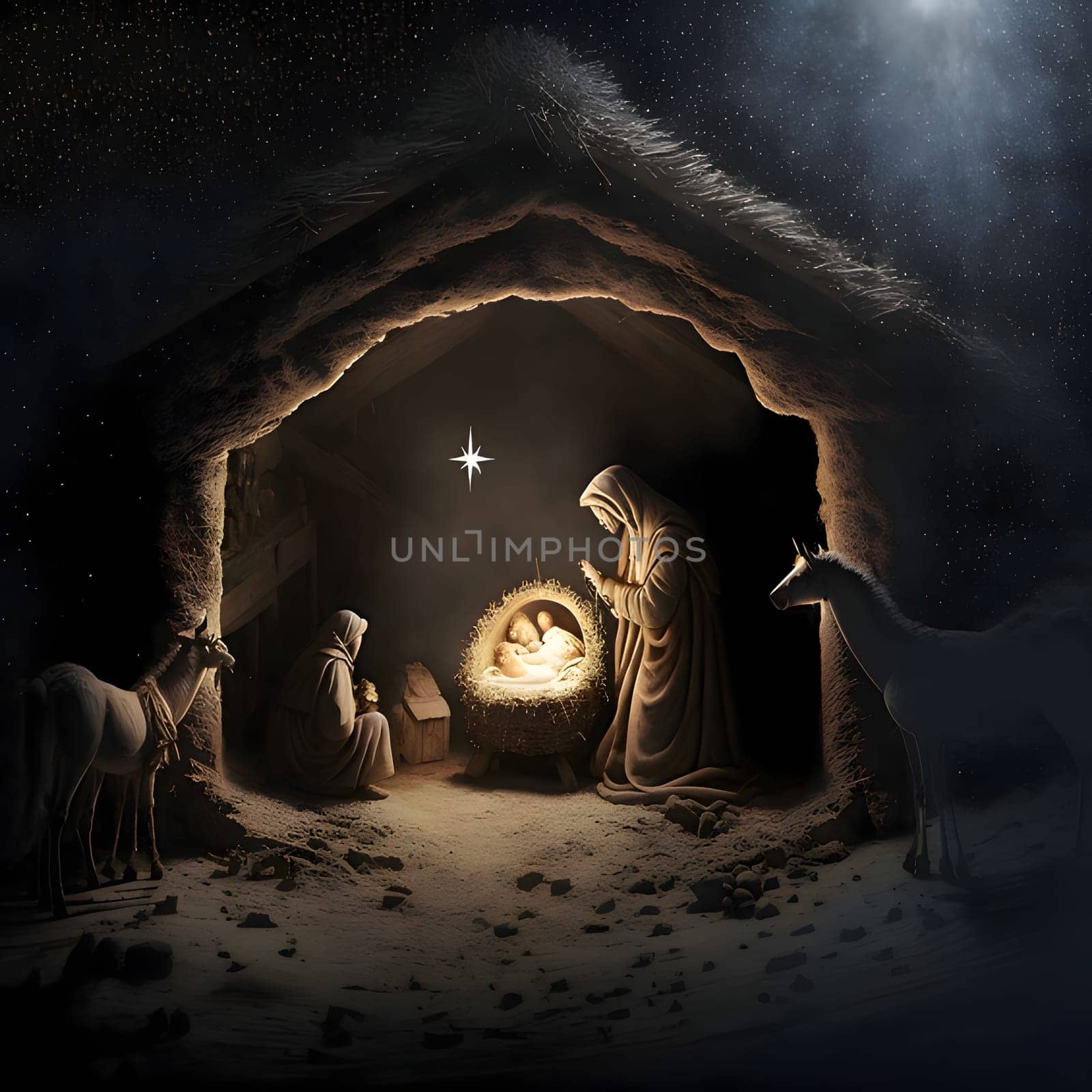 The nativity scene; St. Mary with St. Joseph and the baby Jesus, with animals around. The Christmas star as a symbol of the birth of the savior. A Time of Joy and Celebration.