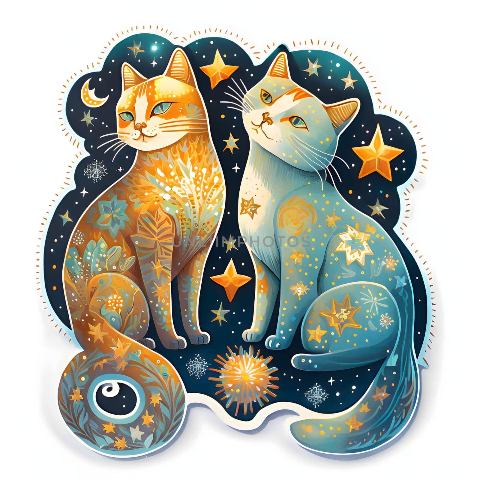 Illustration on a white background two cats decorated with stars. The Christmas star as a symbol of the birth of the savior. A Time of Joy and Celebration.