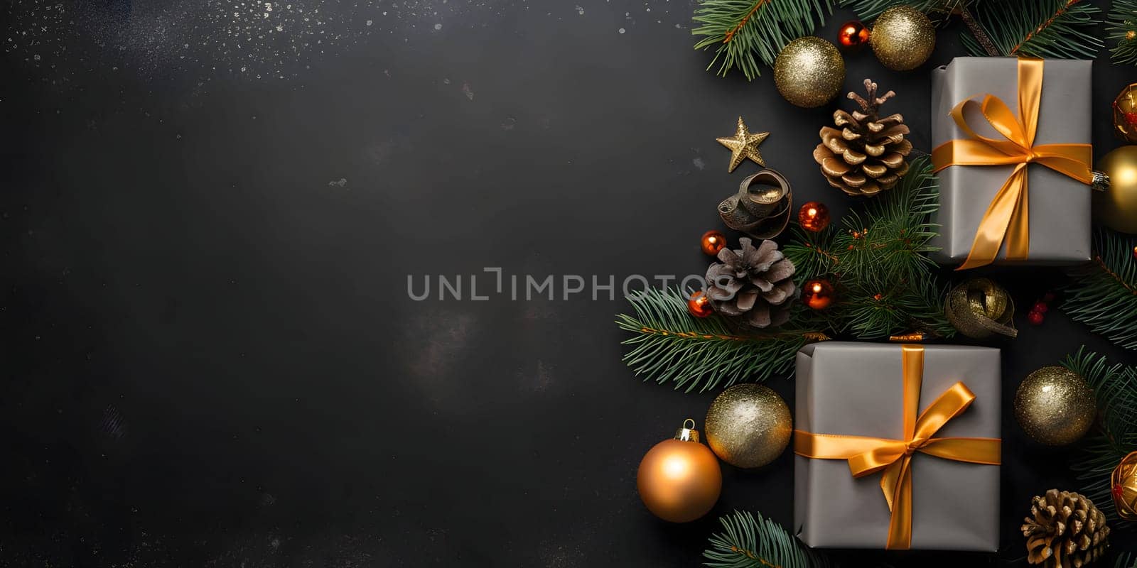 Top view of elegantly arranged gifts, baubles, pinecones, pine branches and Christmas trees on the right.Christmas banner with space for your own content. Gray background color. Blank field for your inscription.