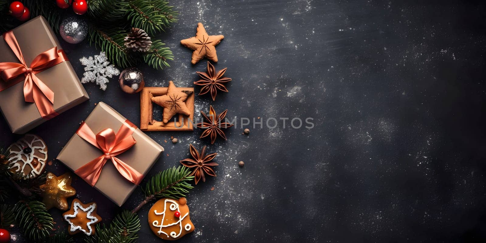 Top view of elegantly arranged gifts, gingerbread, pinecones, pine branches and Christmas trees on the left.Christmas banner with space for your own content. Gray background color. Blank field for your inscription.