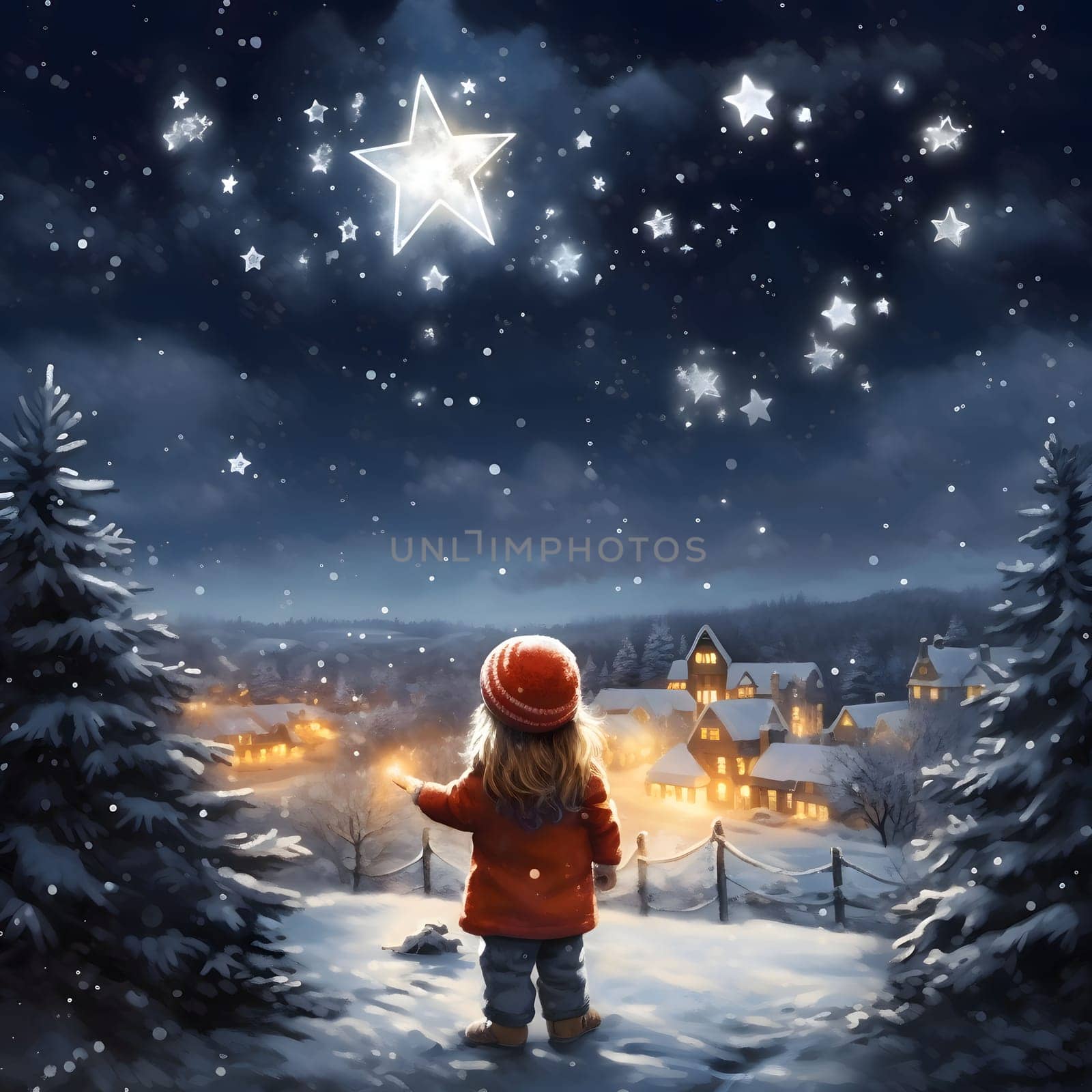 Illustration of a little girl in a winter landscape looking at the stars in the night sky. The Christmas star as a symbol of the birth of the savior. by ThemesS