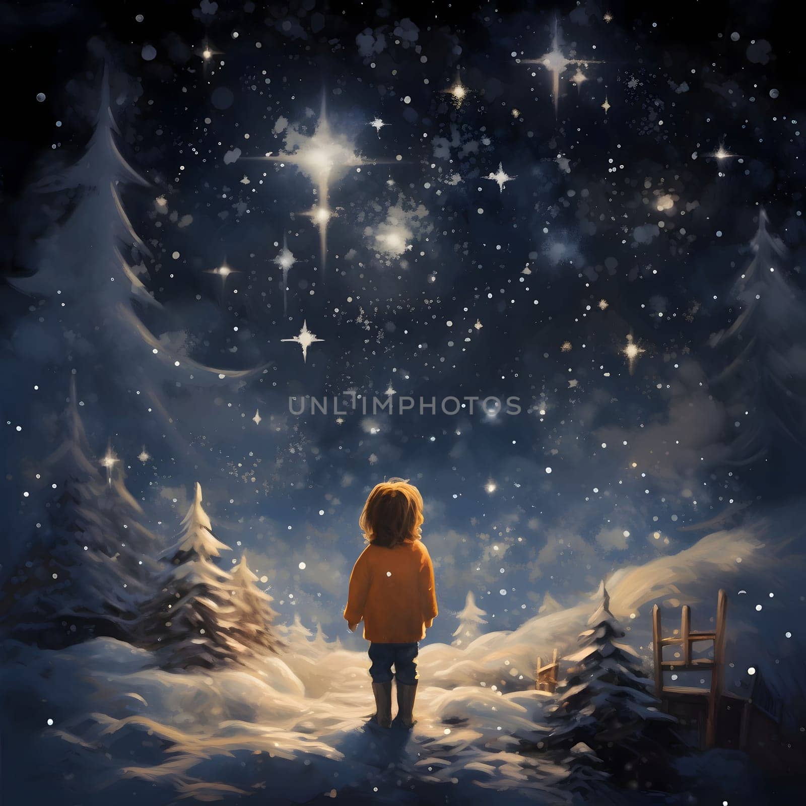 Illustration of a little boy in a winter landscape looking at the stars in the night sky. The Christmas star as a symbol of the birth of the savior. by ThemesS