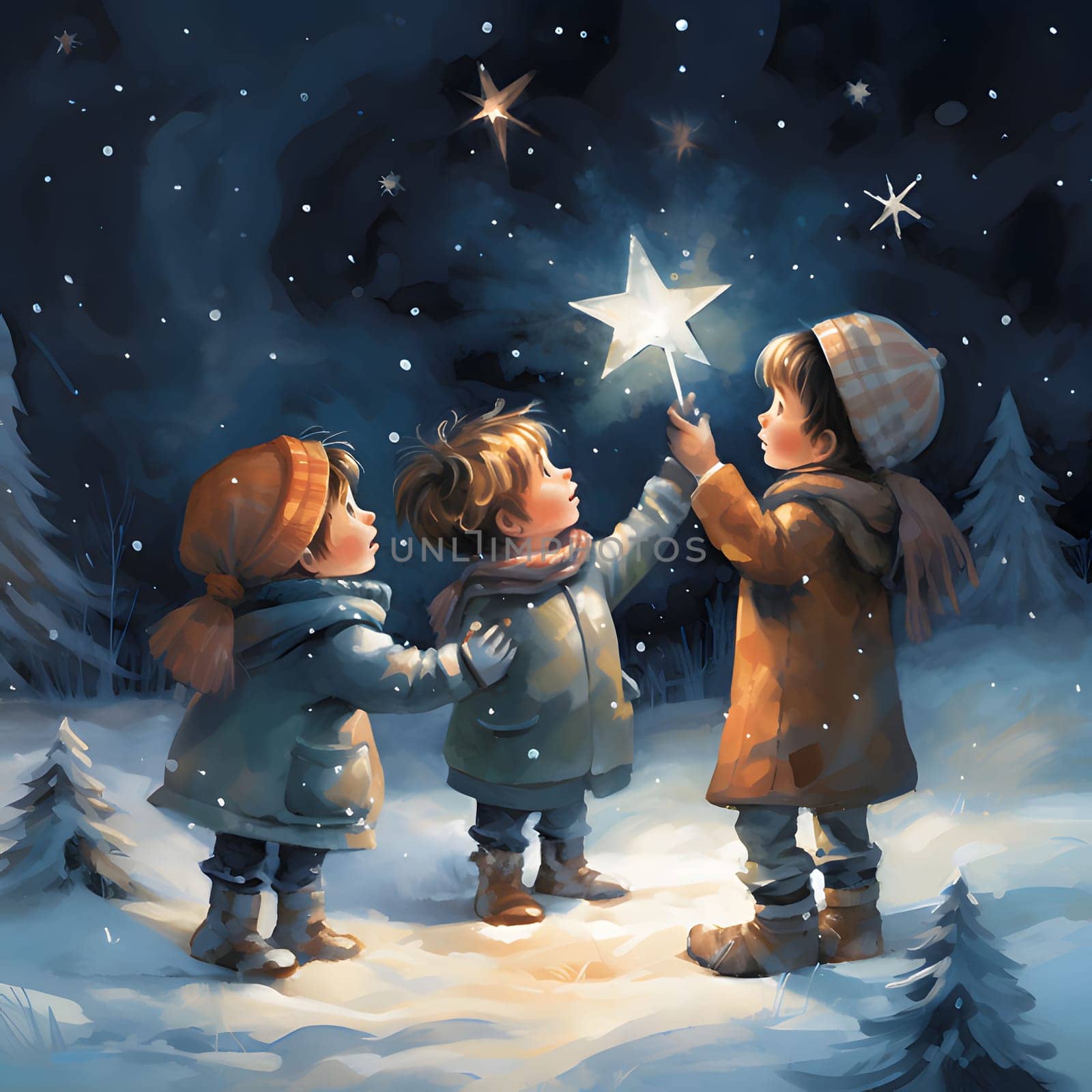 Illustration of three children in a winter landscape at night looking at the stars. The Christmas star as a symbol of the birth of the savior. by ThemesS