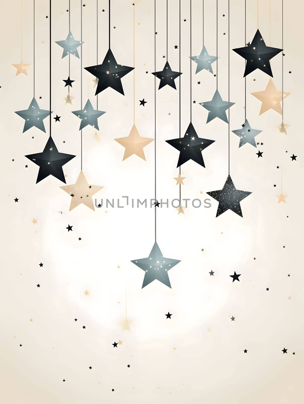 Colorful stars on strings at the top.Christmas banner with space for your own content. Light color background. Blank field for your inscription.