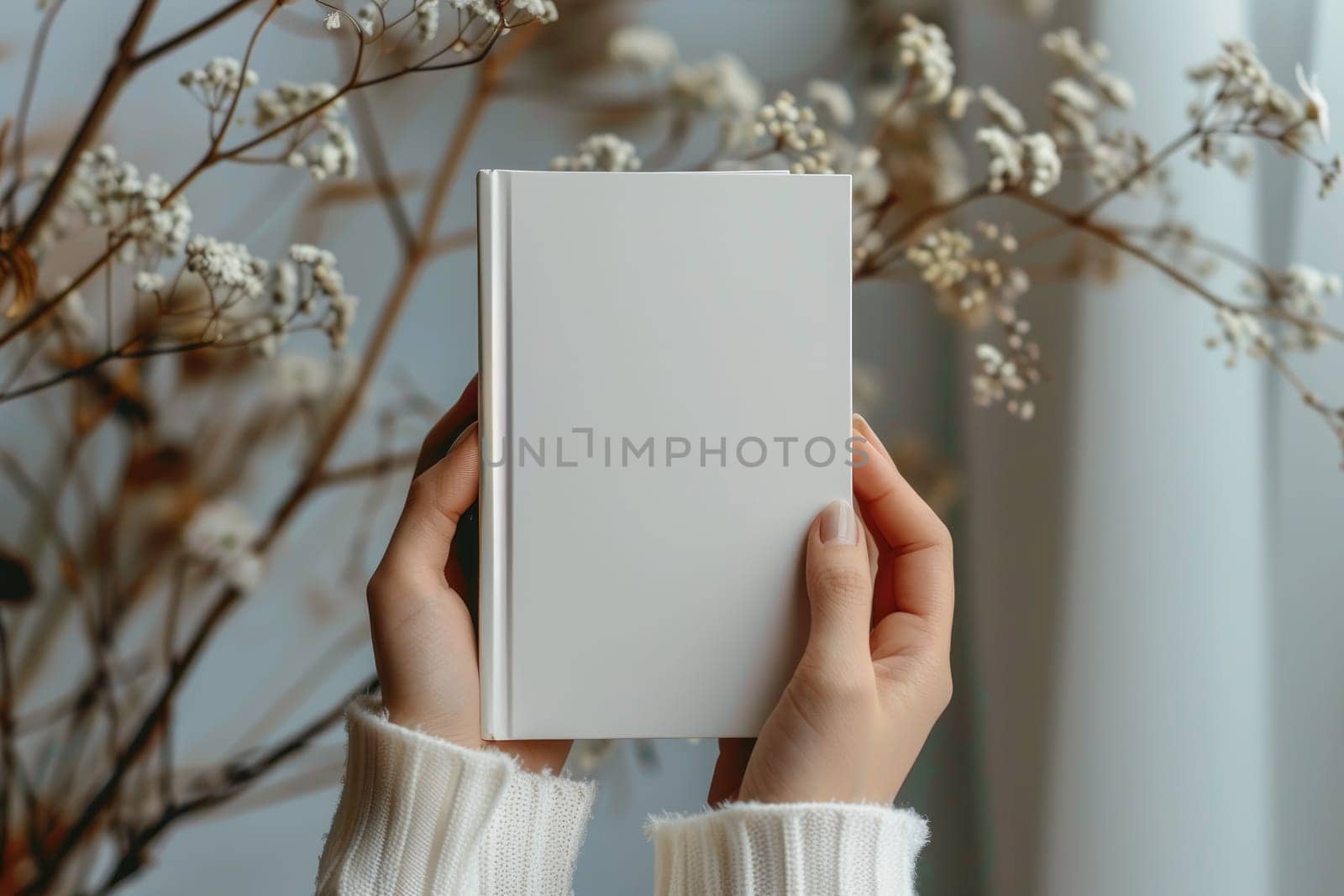 Hand holding white blank book mockup, isolated. by Chawagen