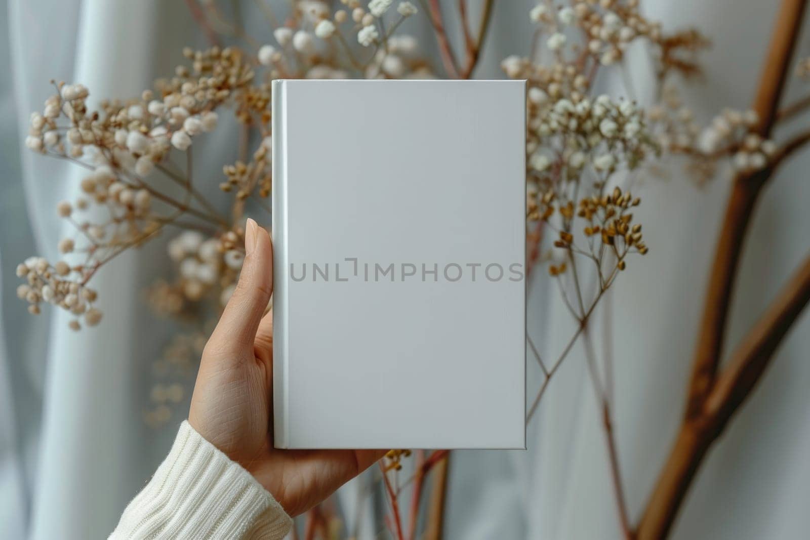 Hand holding white blank book mockup, isolated. by Chawagen