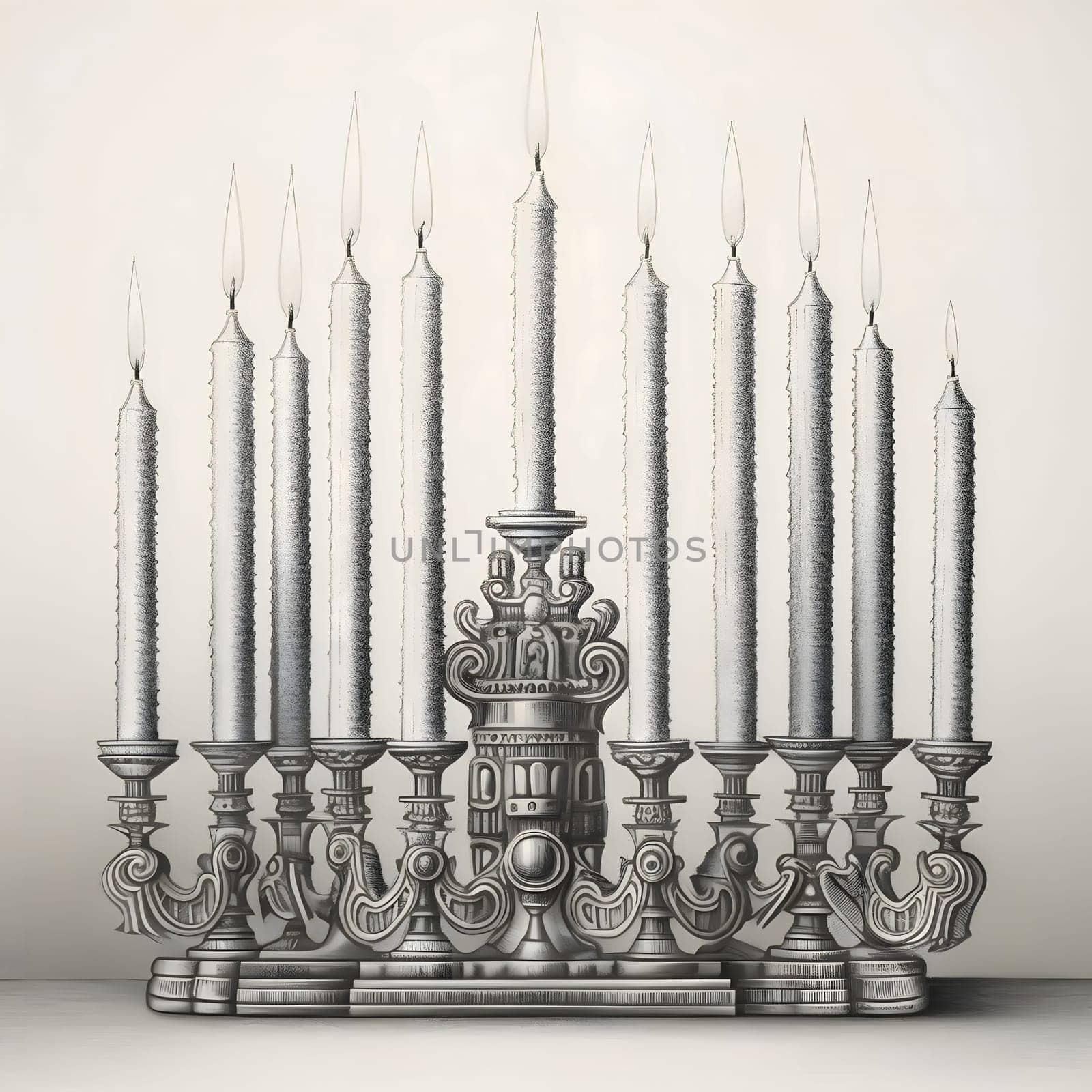 Image of a traditional Jewish Menorah candlestick. Bright background. Elegant and tasteful design.