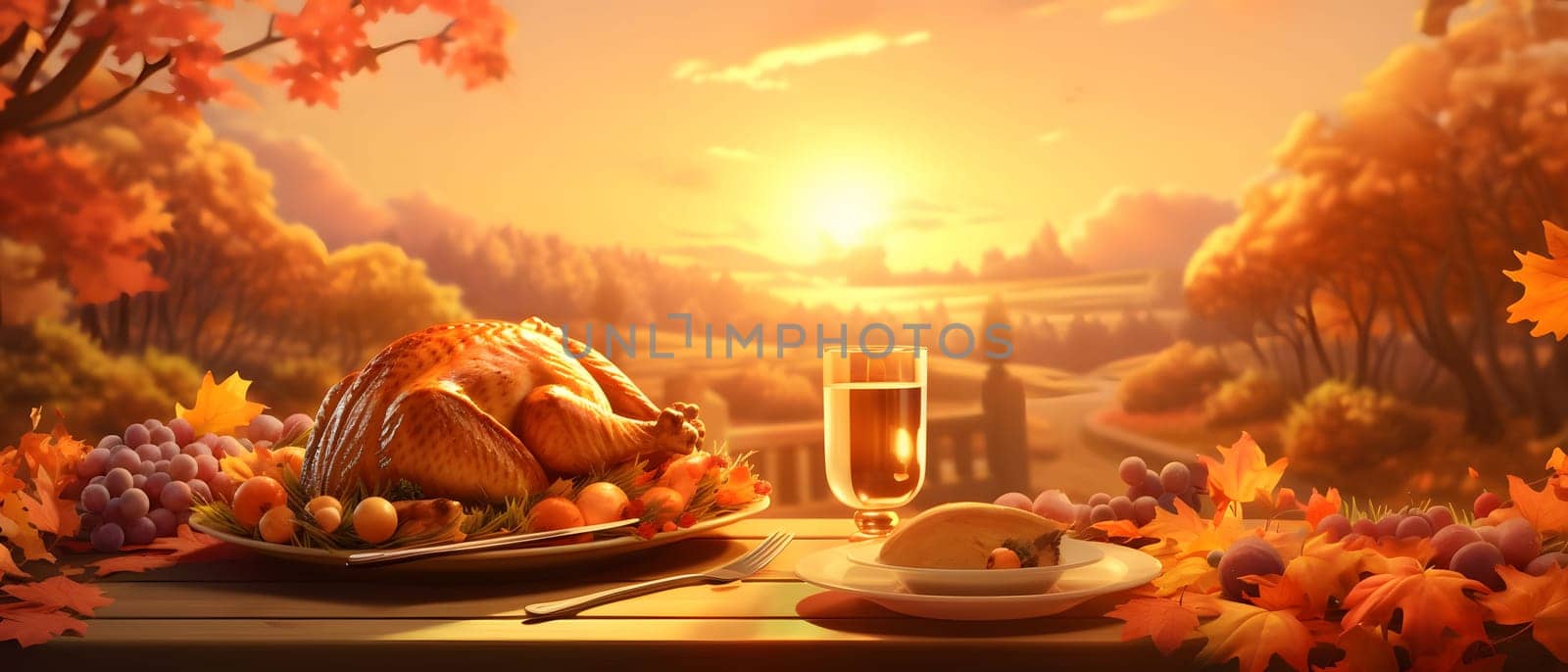 Banner wooden table with roast turkey with fruits, vegetables. Autumn leaves in the background view of the valley. Turkey as the main dish of thanksgiving for the harvest. An atmosphere of joy and celebration.