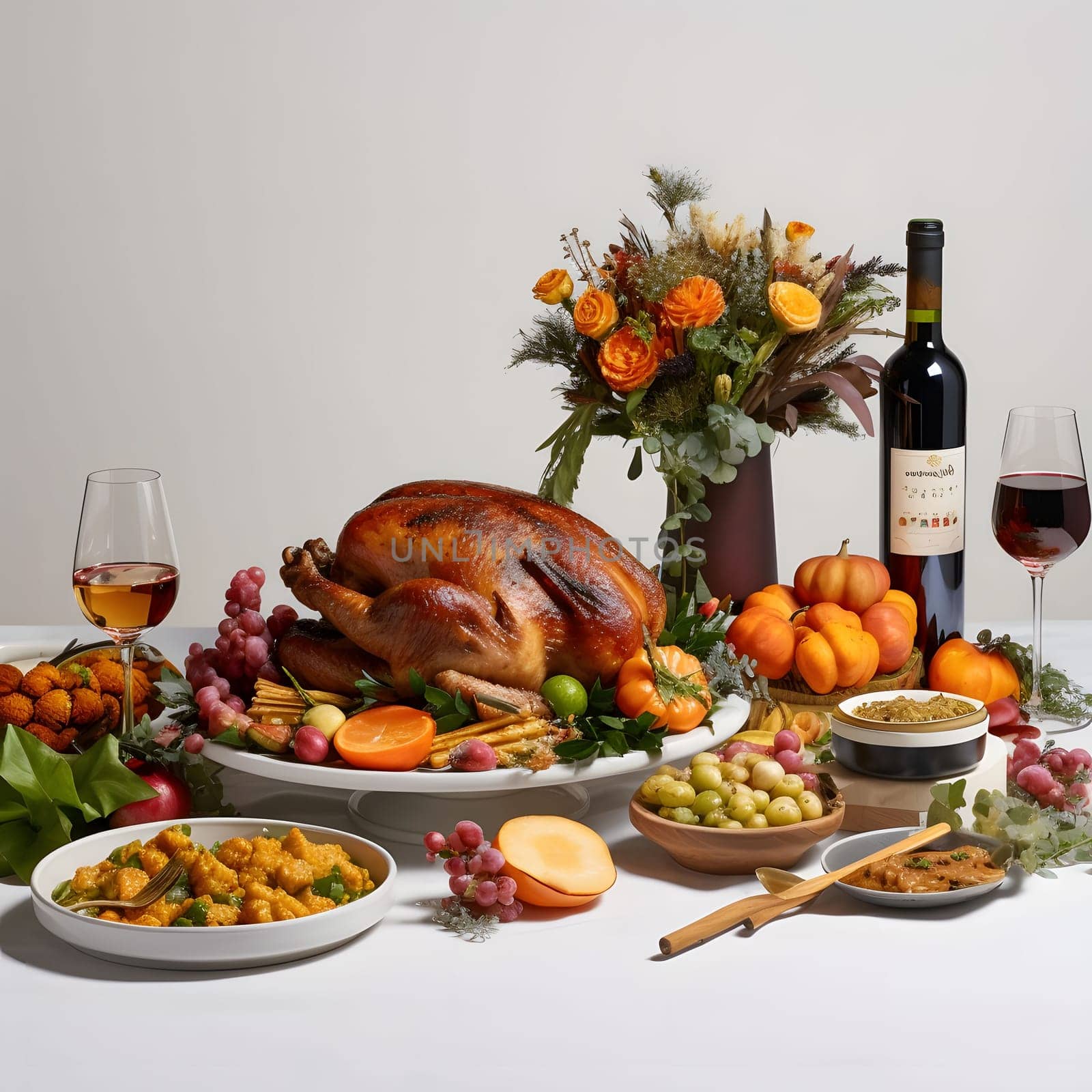 Prepared Thanksgiving feast with turkey, fruits, wine, flowers. Turkey as the main dish of thanksgiving for the harvest, picture on a white isolated background. by ThemesS