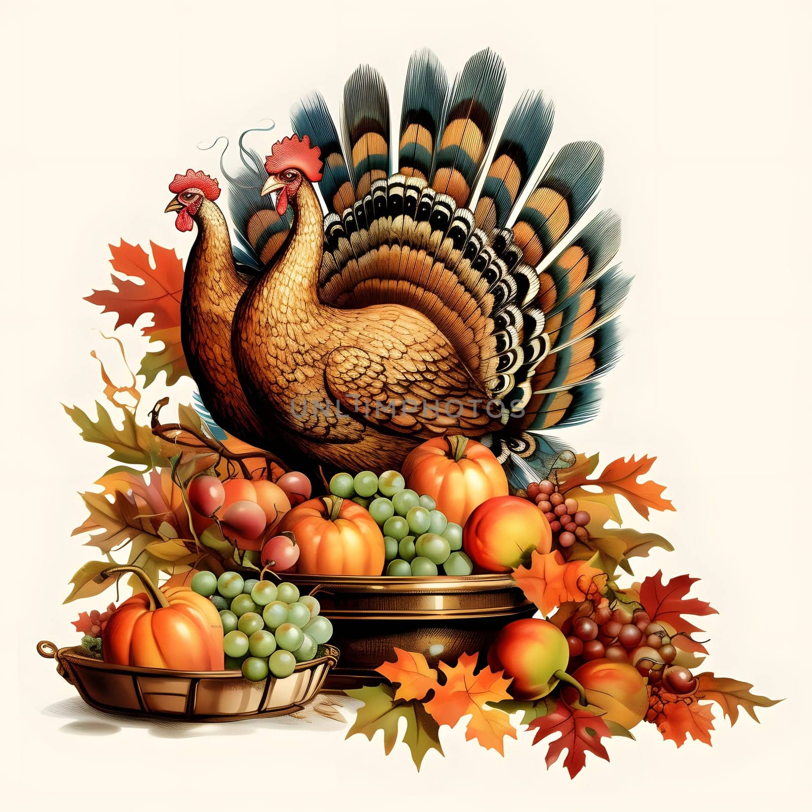 Illustration of two turkeys standing on a pile of vegetables, fruits, pumpkin grapes. Turkey as the main dish of thanksgiving for the harvest, picture on a white isolated background. by ThemesS