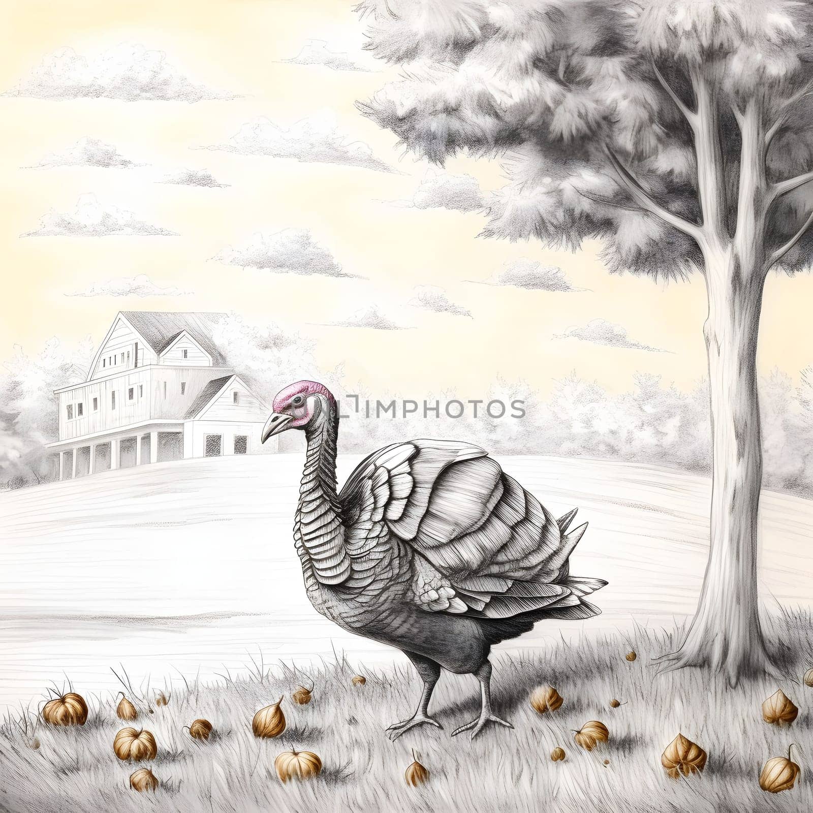 Black and White illustration, drawing, turkey in a field, around a tree, valley. Turkey as the main dish of thanksgiving for the harvest, picture on a white isolated background. by ThemesS