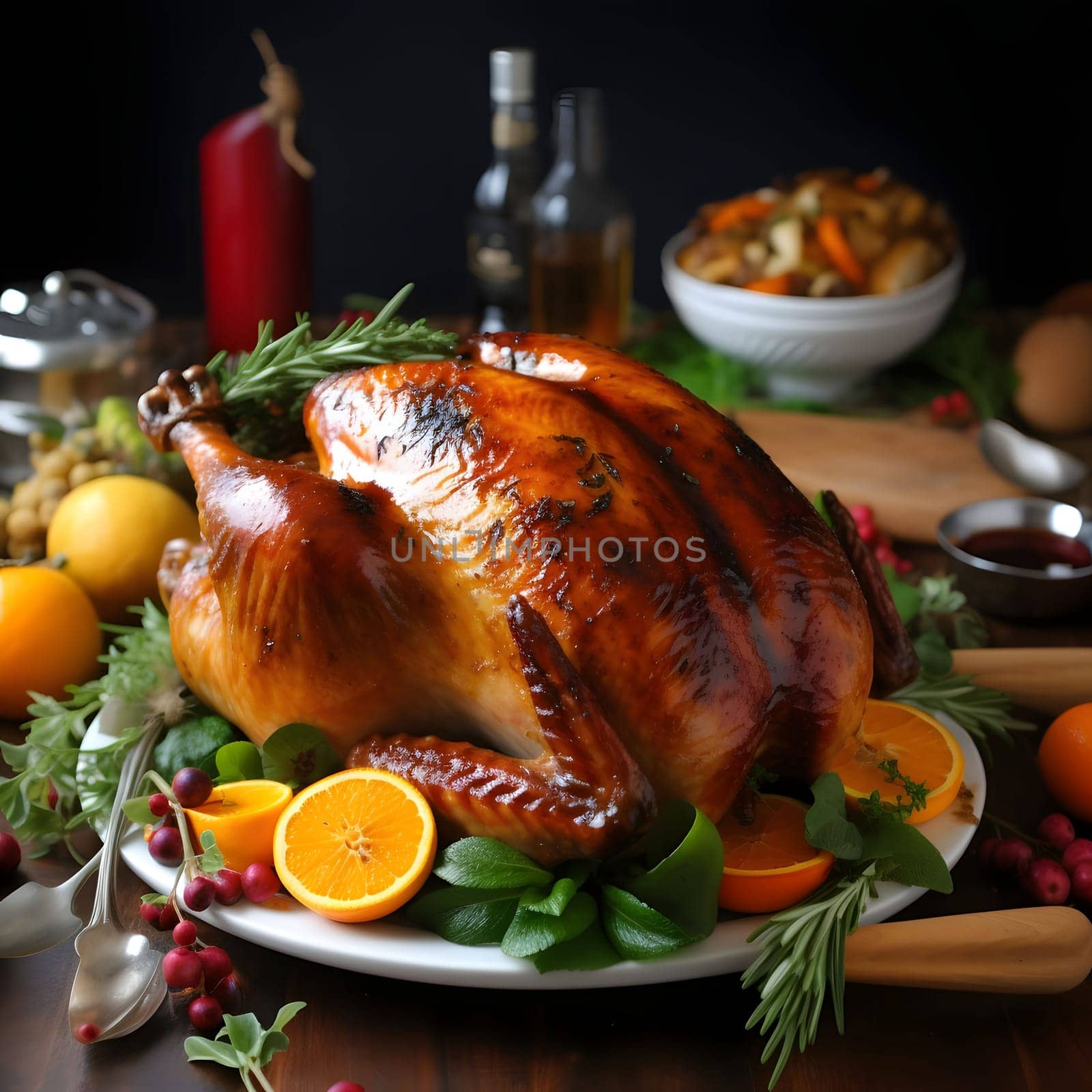 Roast turkey on a plate decorated with lemons, oranges to a circle of bottle spices. Turkey as the main dish of thanksgiving for the harvest. An atmosphere of joy and celebration.