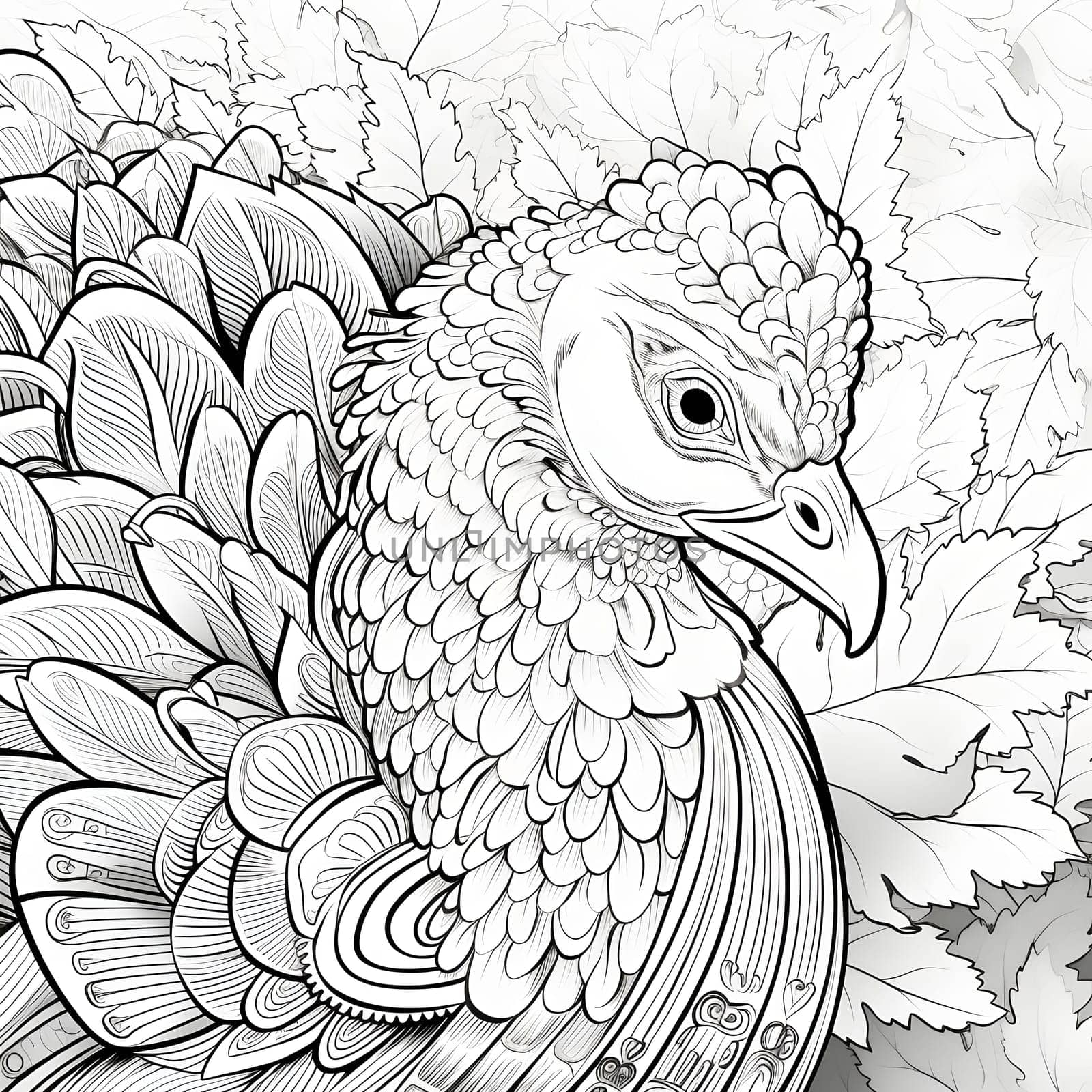 Black and White coloring book, turkey and autumn leaves. Turkey as the main dish of thanksgiving for the harvest. An atmosphere of joy and celebration.