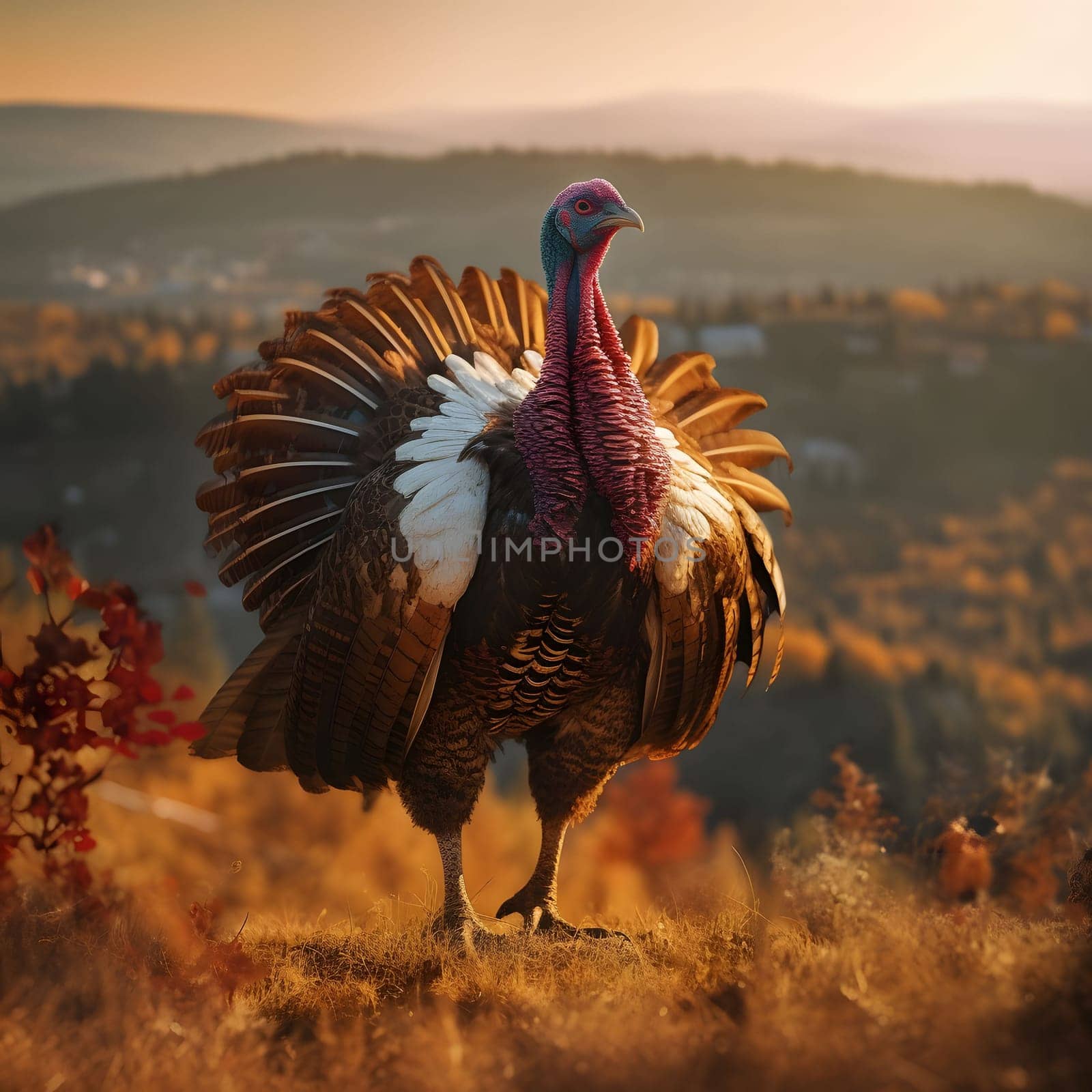 Colorful big 3D turkey in a clearing in the background view of valleys and Forest. Turkey as the main dish of thanksgiving for the harvest. by ThemesS