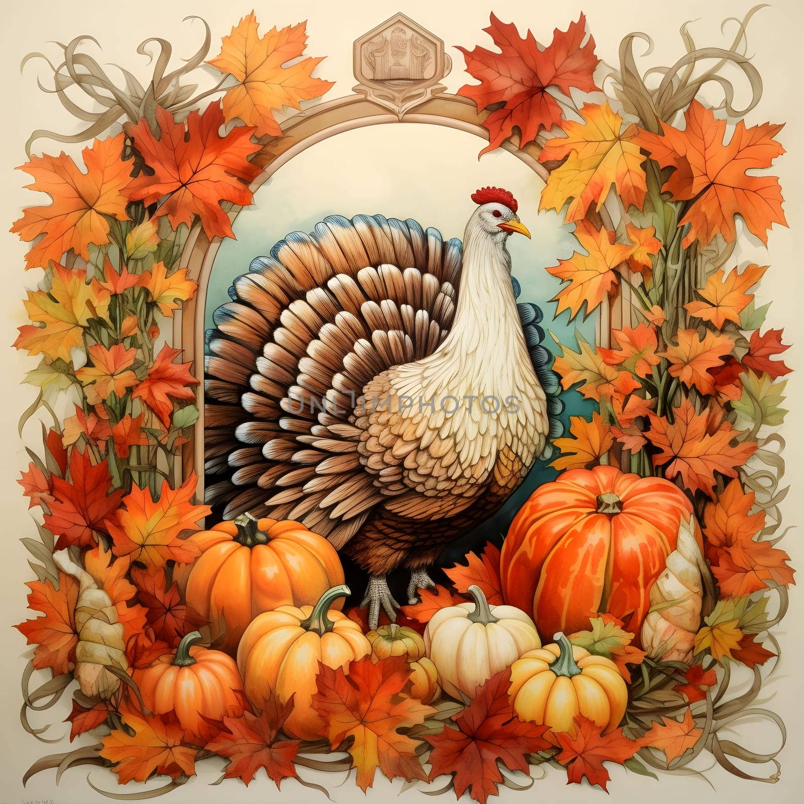 Turkey in a frame around autumn leaves and pumpkins. Turkey as the main dish of thanksgiving for the harvest. by ThemesS