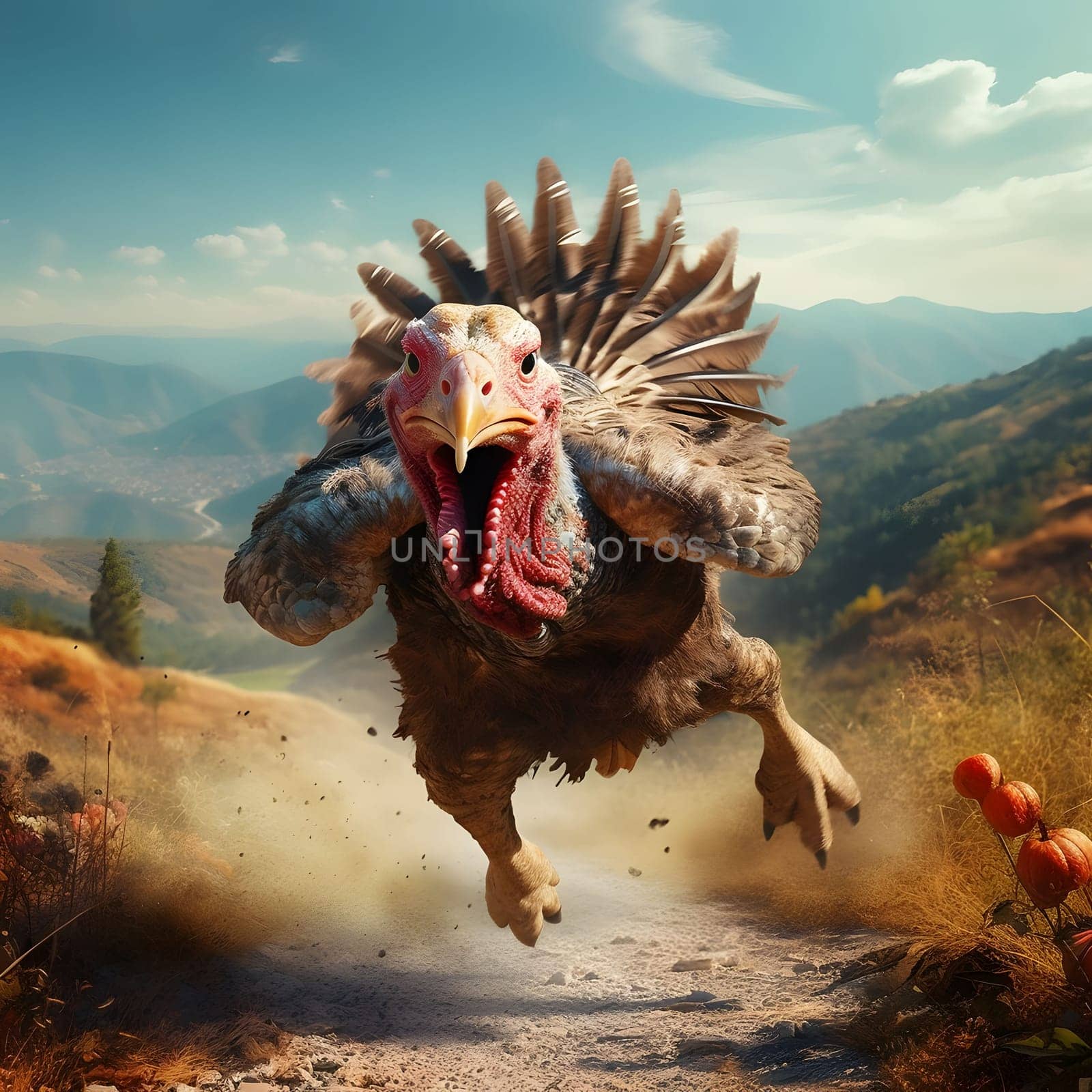 A big, frightened 3D turkey in flight in a clearing. Close-up view. Turkey as the main dish of thanksgiving for the harvest. by ThemesS